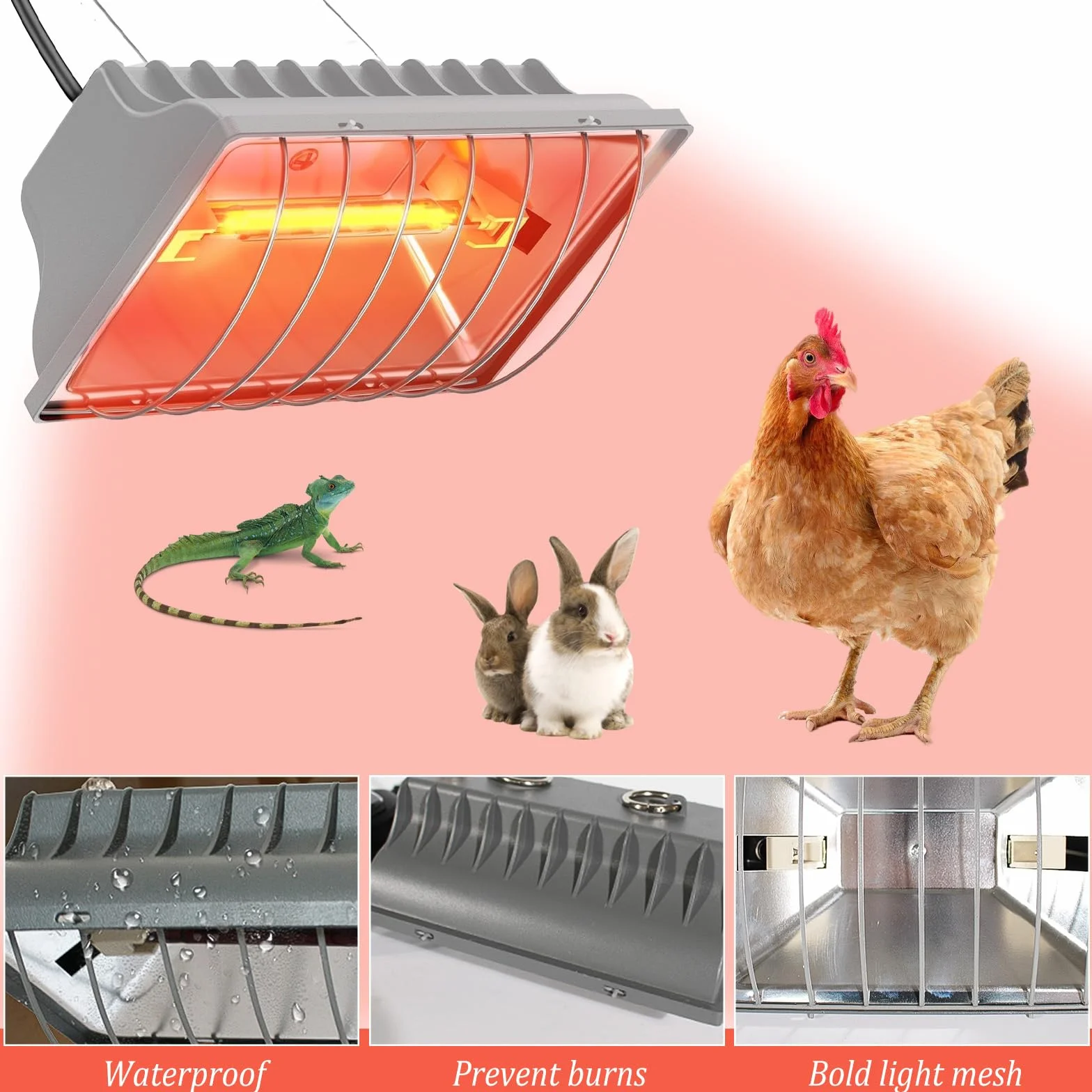 Lampa grzewcza dla piskląt, 250 W, czerwone światło, lampa grzewcza, kurnik z przełącznikiem oszczędnym, kabel zasilający 1,8 m, automatyczna termostatyczna lampa na podczerwień dla kur, kaczek