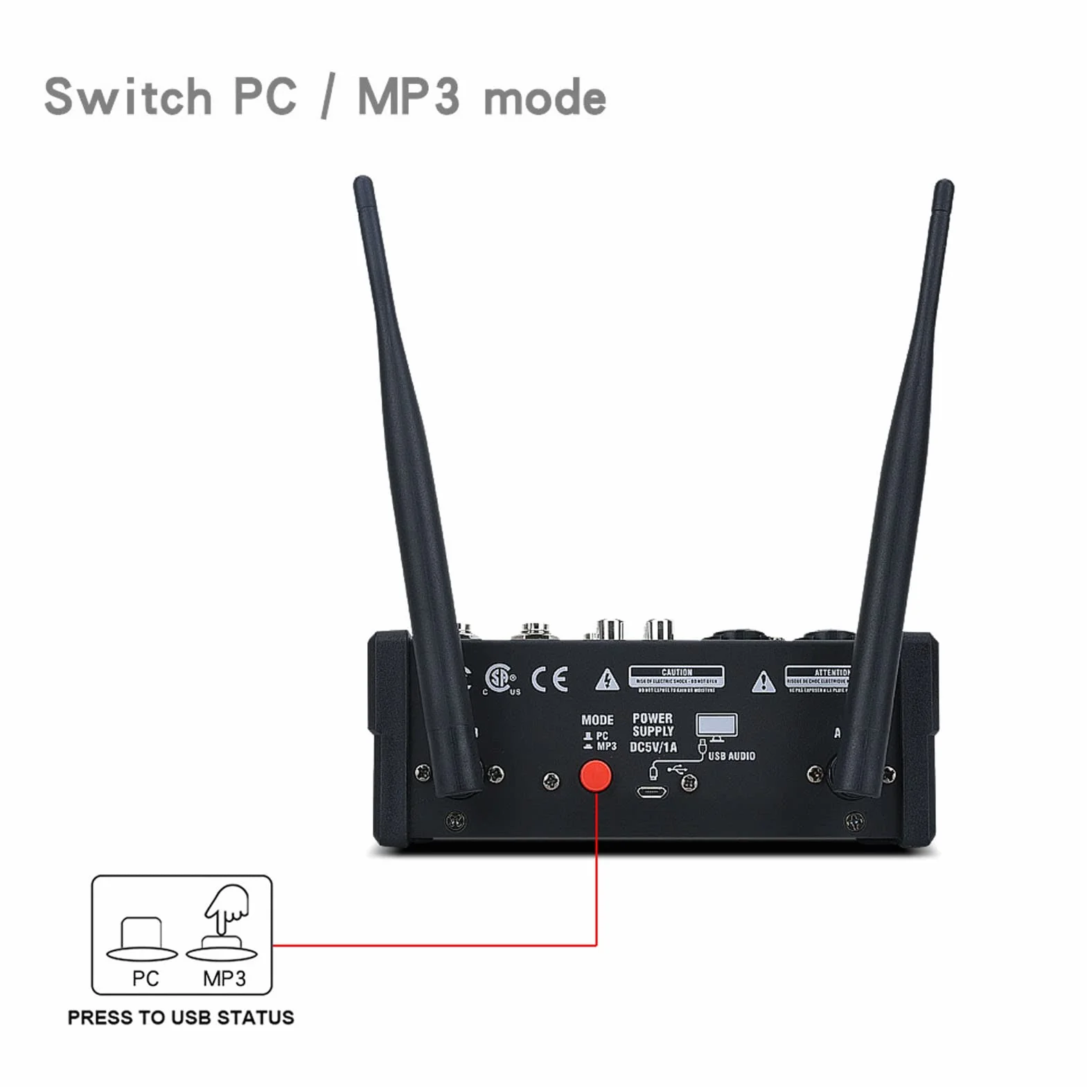 4-kanałowy Mały Mikser Stereo, Mikser Stereo Bluetooth U Disk lub MP3 Play, z 2 Bezprzewodowymi Mikrofonami Ręcznymi, Idealny do Domowego Karaoke, Wesela, Imprezy
