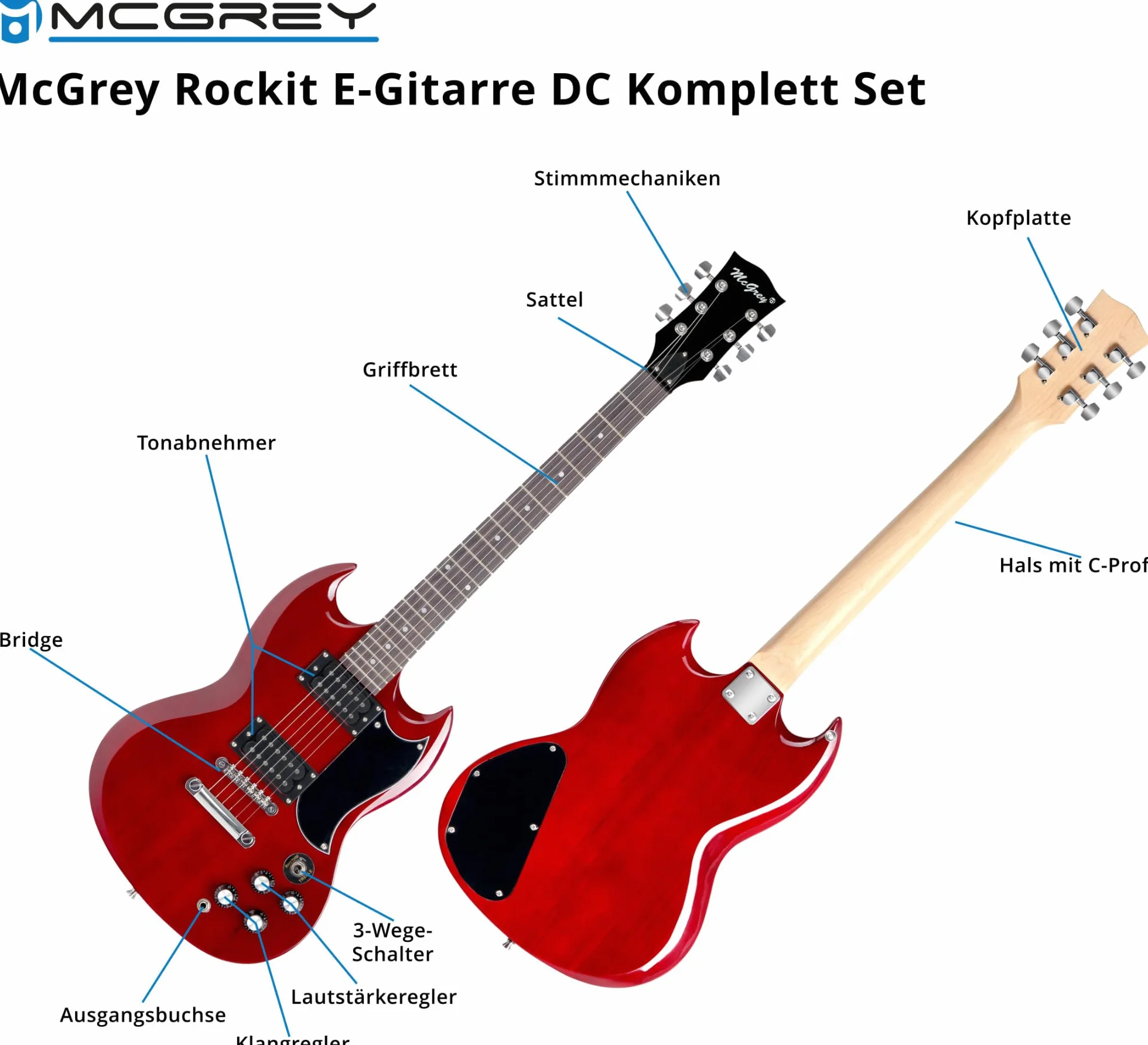 McGrey Rockit Double Cut kompletny zestaw gitary elektrycznej (8-częściowy zestaw dla początkujących z gitarą, wzmacniaczem, strunami zapasowymi, torbą na gitarę, stroikiem, piórkami, paskiem i kablem