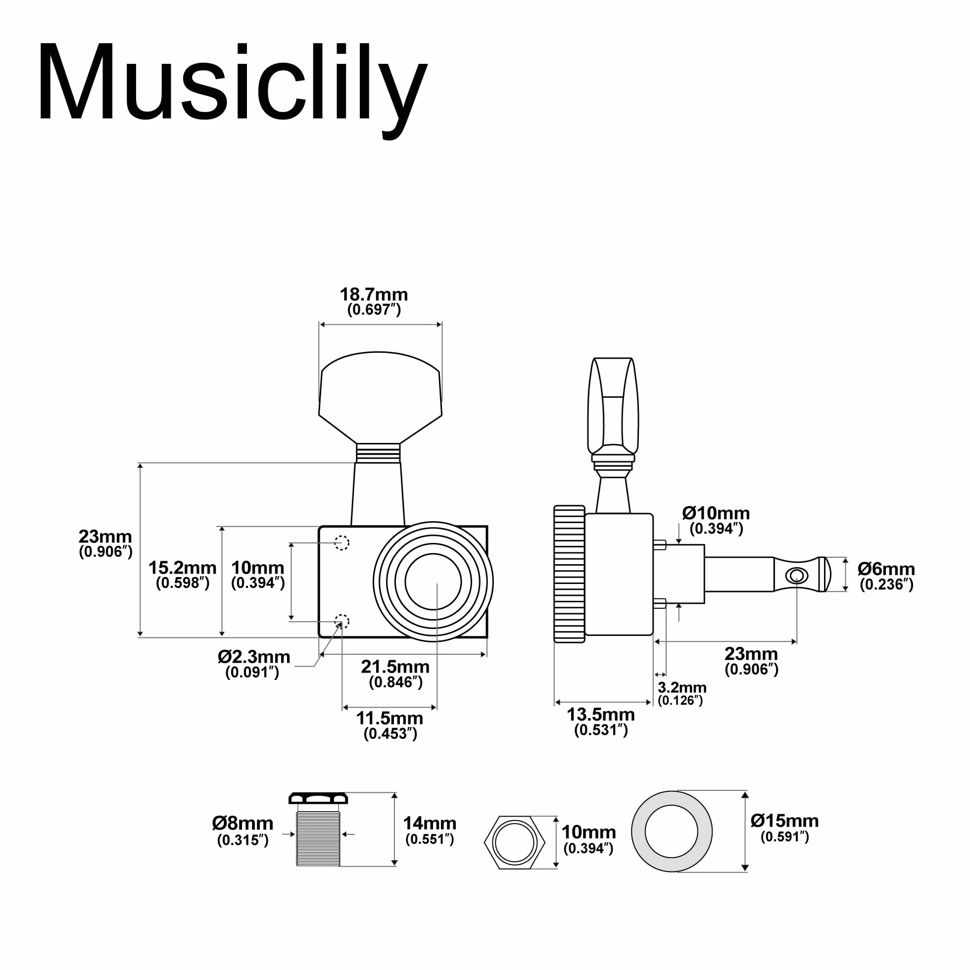 Musiclily Pro 6 w Linii Metal 2-pinowe Klucze Gitaryowe Blokowane do Gitary Elektrycznej Fender Strat/Tele, Chrom