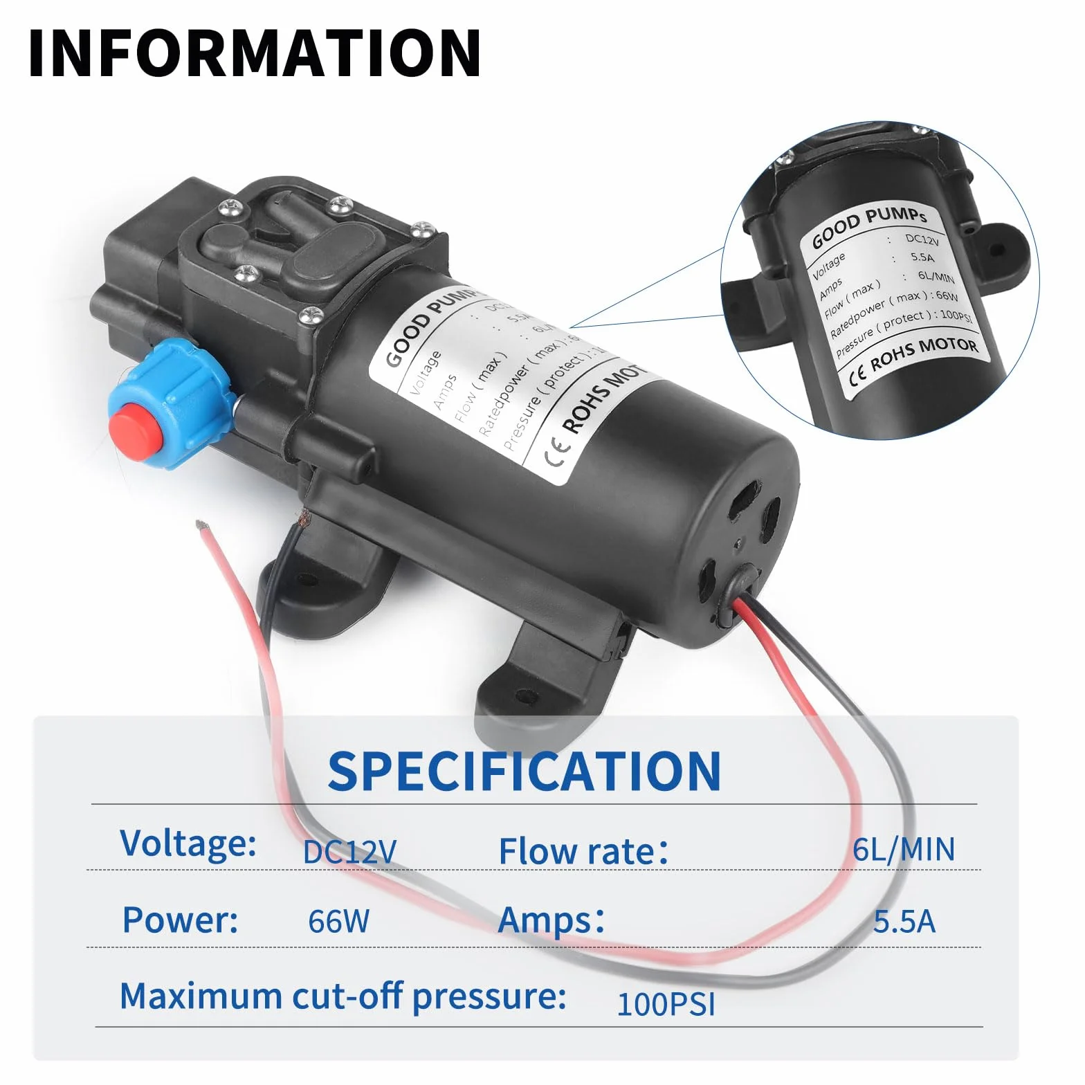 SWAWIS Samozasysająca Pompa Wodna 12 V 6 l/min 100 PSI 6,9 Bar, Membranowa, Ciśnieniowa, Minipompka Wysokociśnieniowa Do Przyczep Kempingowych, Łodzi, Ogrodu