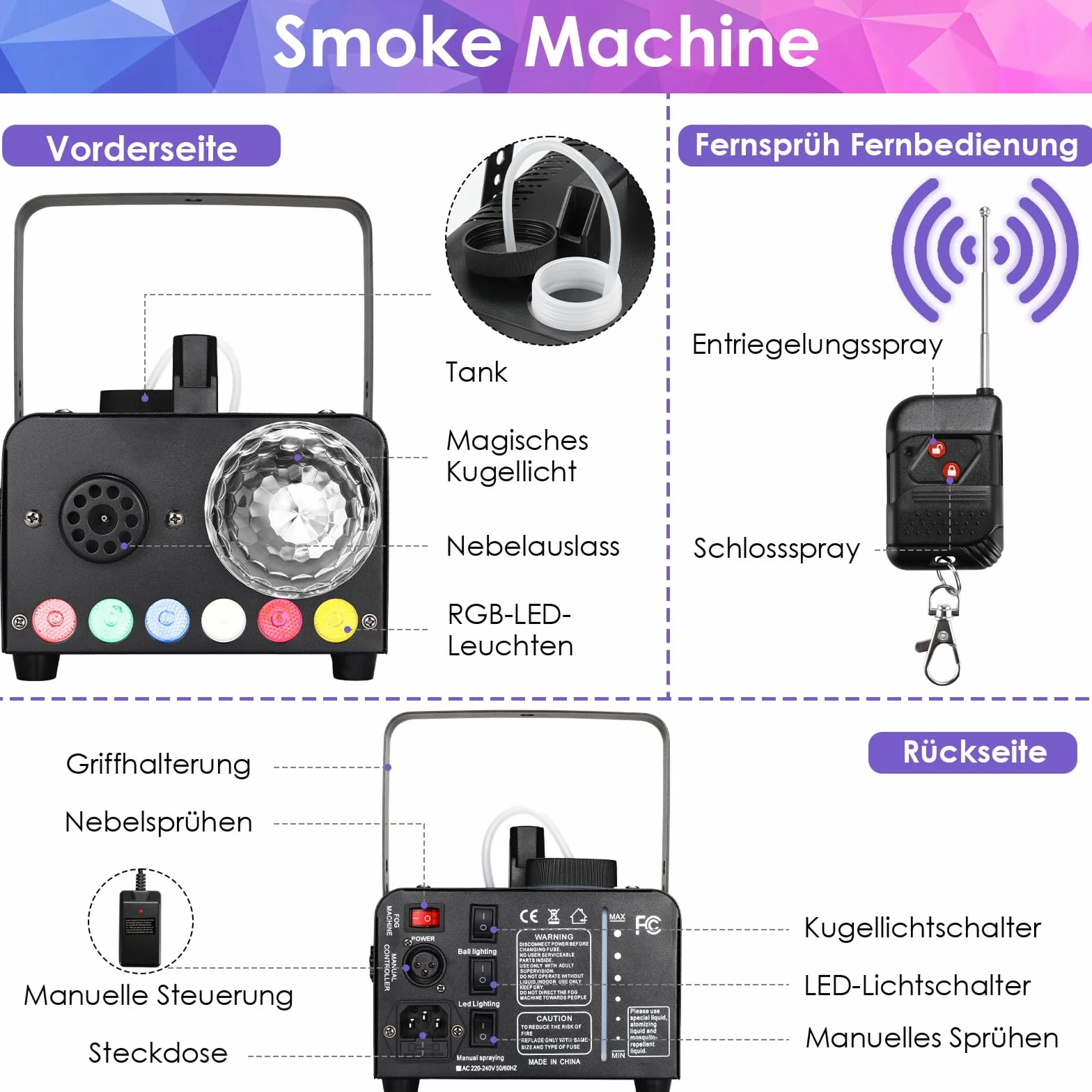 Fog Machine 600W 5000 CFM z Kulą Dyskotekową 6 LED RGB, Wytwornica Dymu