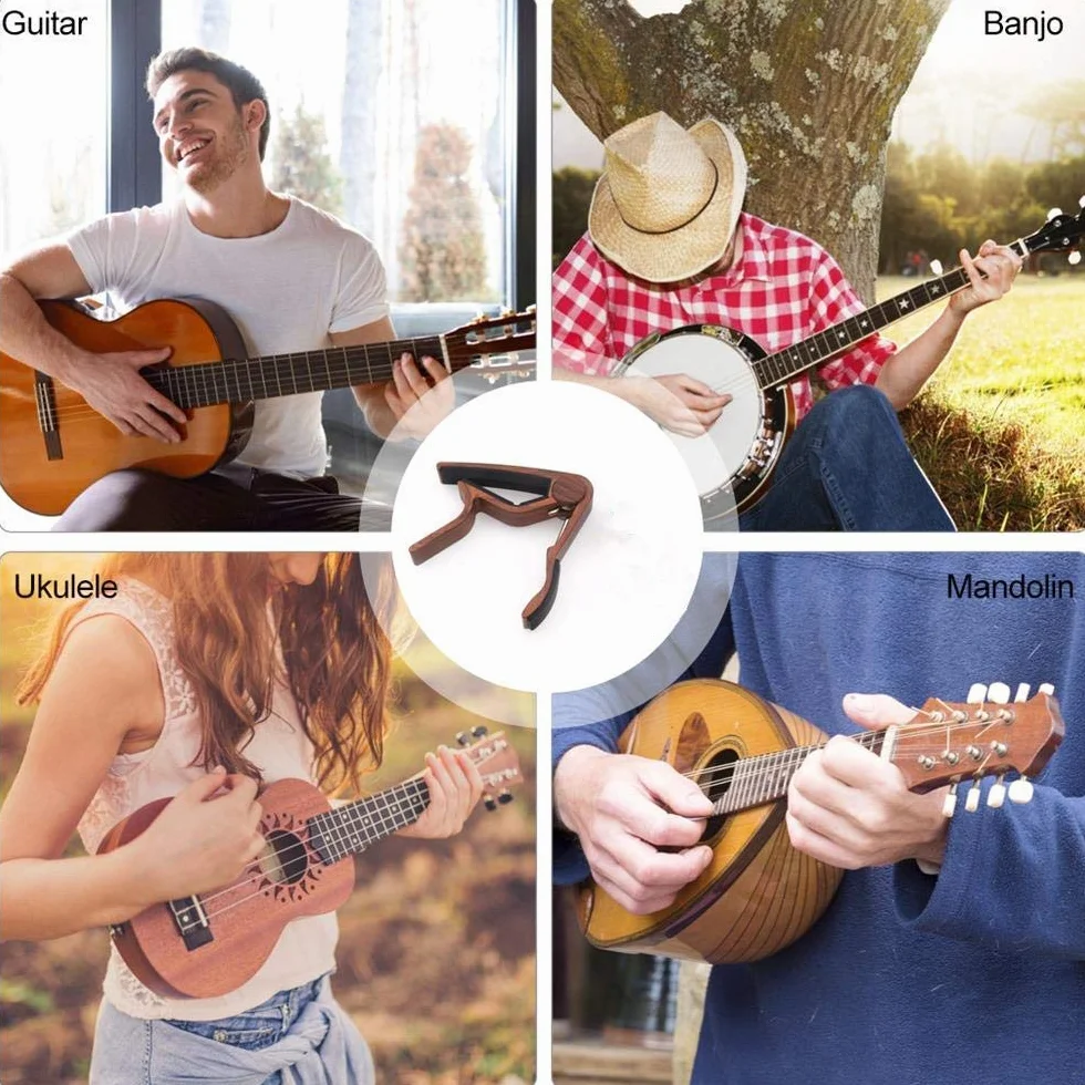 VOARGE Gitara Capo, Kapodaster Trigger Capodaster Rubost Stop cynku Kapo, do gitary akustycznej, ukulele, gitary elektrycznej, basu z kolorem drewna kostka Mirabow