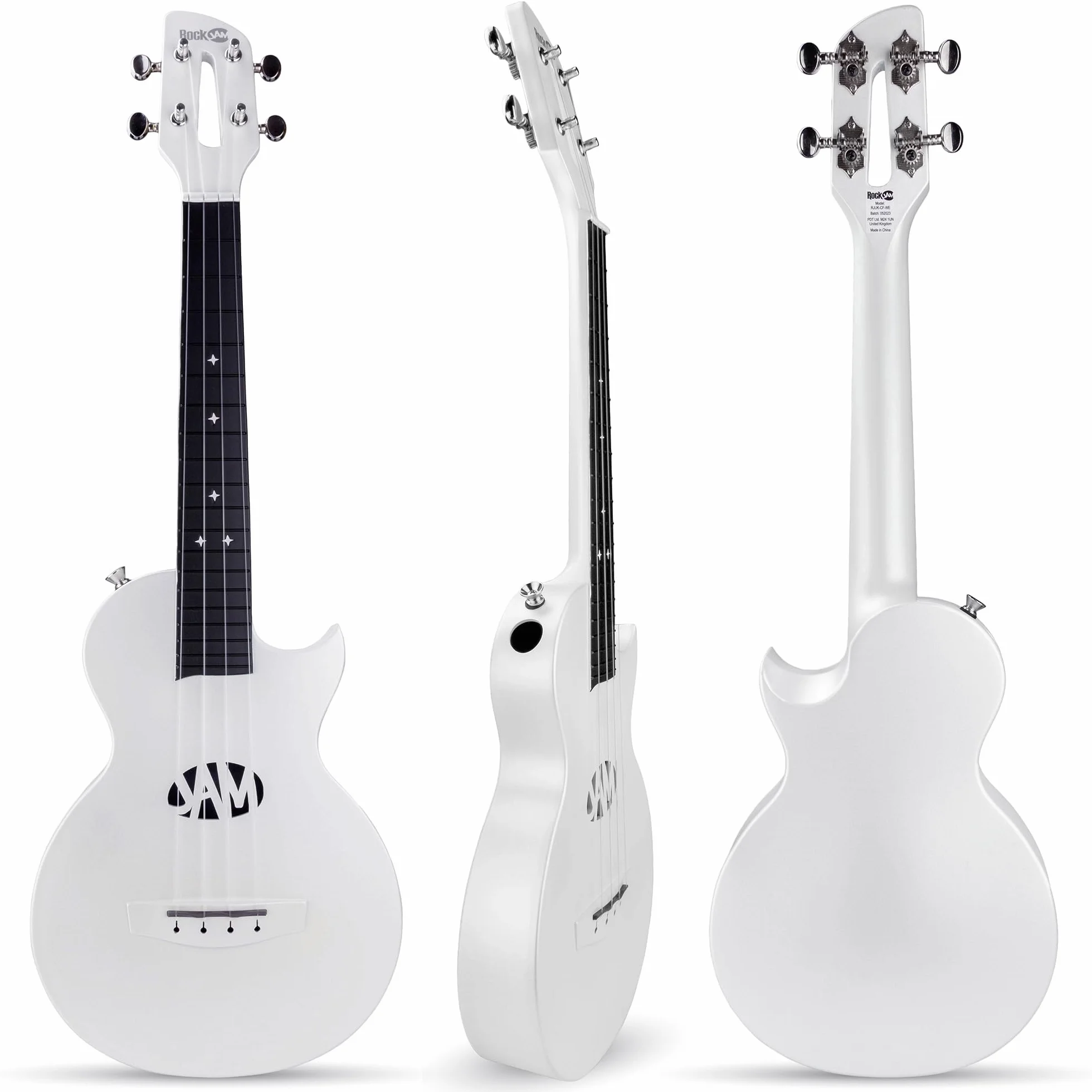 RockJam Ukulele z włókna węglowego z etui, kapodanem i paskiem - białe