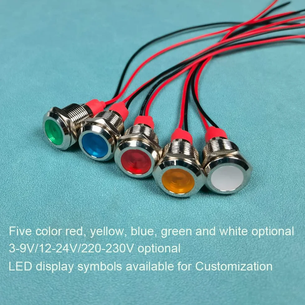 GUUZI 12mm Lampka Kontrolna LED 12-24V Wodoodporna Lampka Sygnalizacyjna Panel Metalowy Wskaźnik LED Lampka Sygnalizacyjna Mocowanie Panelu Głowica Płaska z Przewodami Srebrny Skorupa(Zielony, 4 szt)