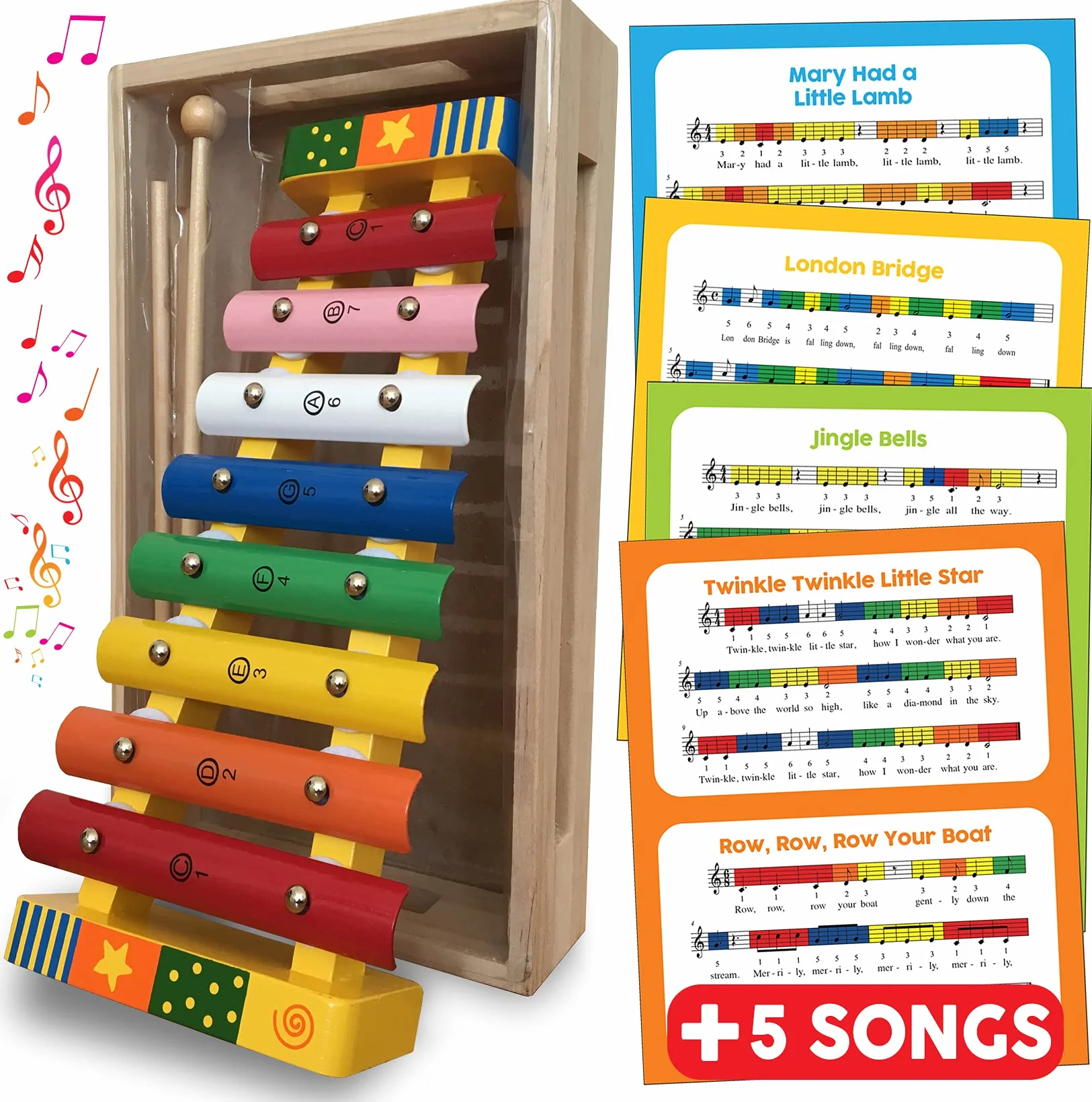 Bee Smart Drewniany ksylofon dla dzieci, instrumenty muzyczne z arkuszami piosenek, tęczowe drewniane glockenspiel dla dzieci, z pudełkiem i młotkiem, zajęcia muzyczne, pomysły na prezenty urodzinowe