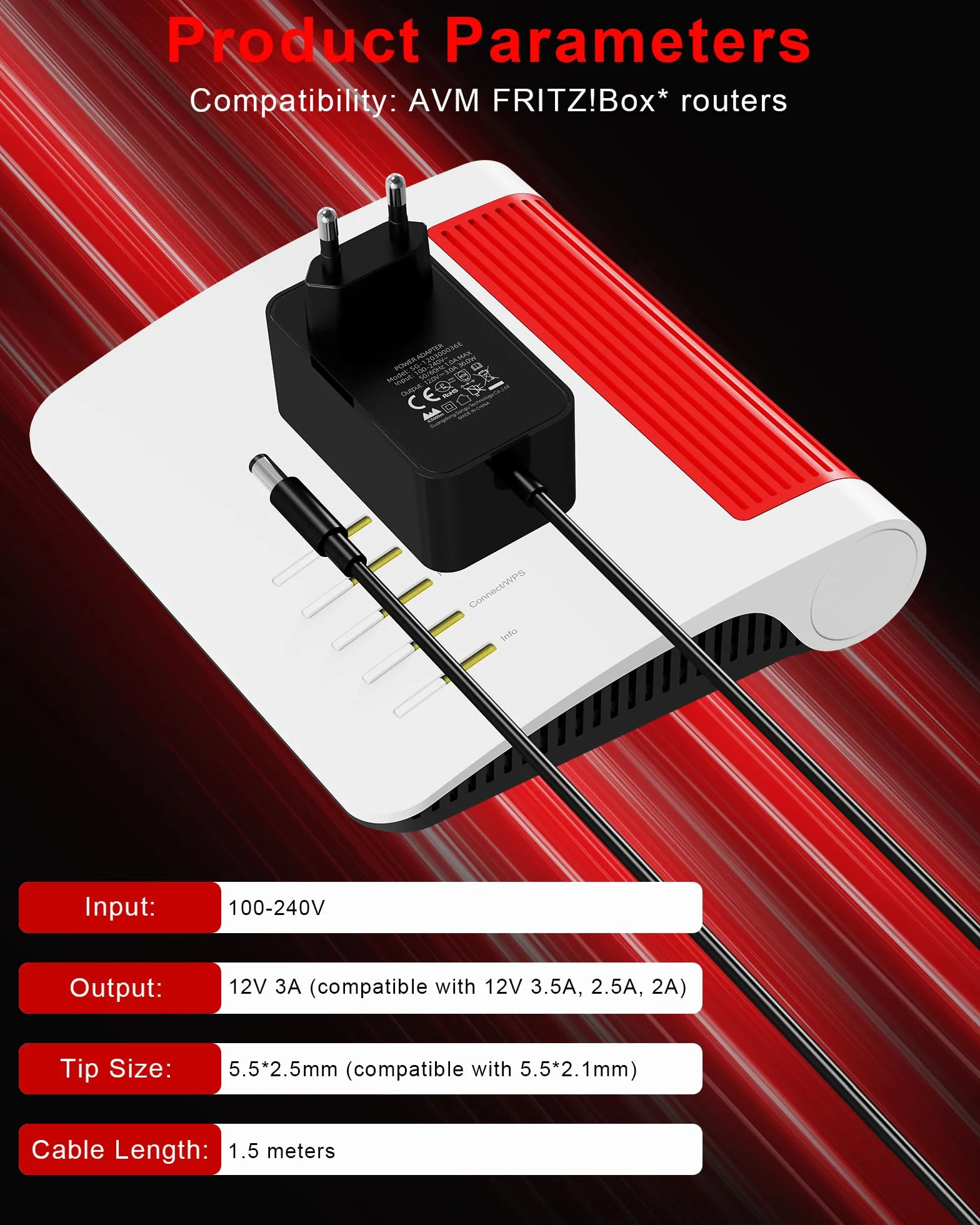12 V, 3A, 2 A, 1 A, zasilacz do taśm LED, routera, ekran LCD TFT, radio, pilot do telewizora TV, transformatory 36 W AC DC Zasilacz sieciowy ładowarka DC 5,5 mm 1,5 m