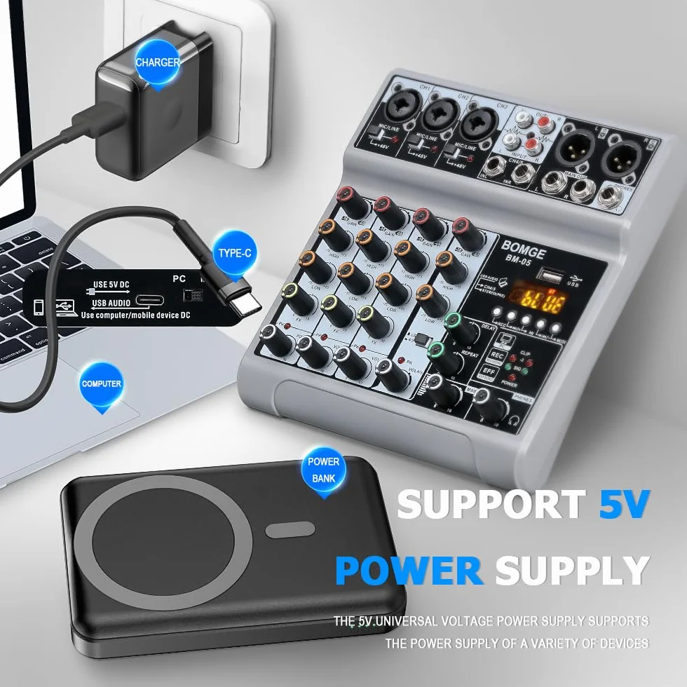 BOMGE Mikser audio 5-kanałowy cyfrowy efekt opóźnienia echa USB Bluetooth 48V Phantom Power