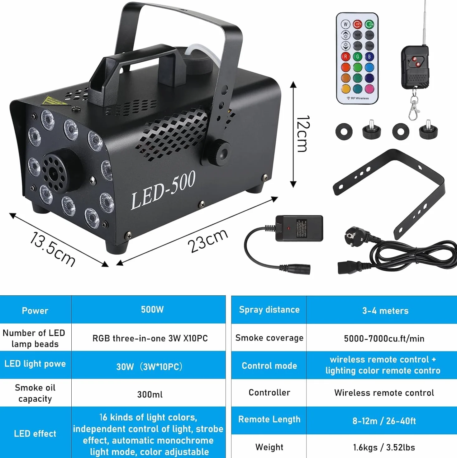Mini Wytwornica Mgły 500 W, Maszyna do Dymu, z 2 Bezprzewodowymi i 1 Przewodowym Pilotem Zdalnego Sterowania, Maszyna do Palenia w 13 Kolorach, 10 Diod LED RGB, na Halloween, Boże Narodzenie, Imprezy