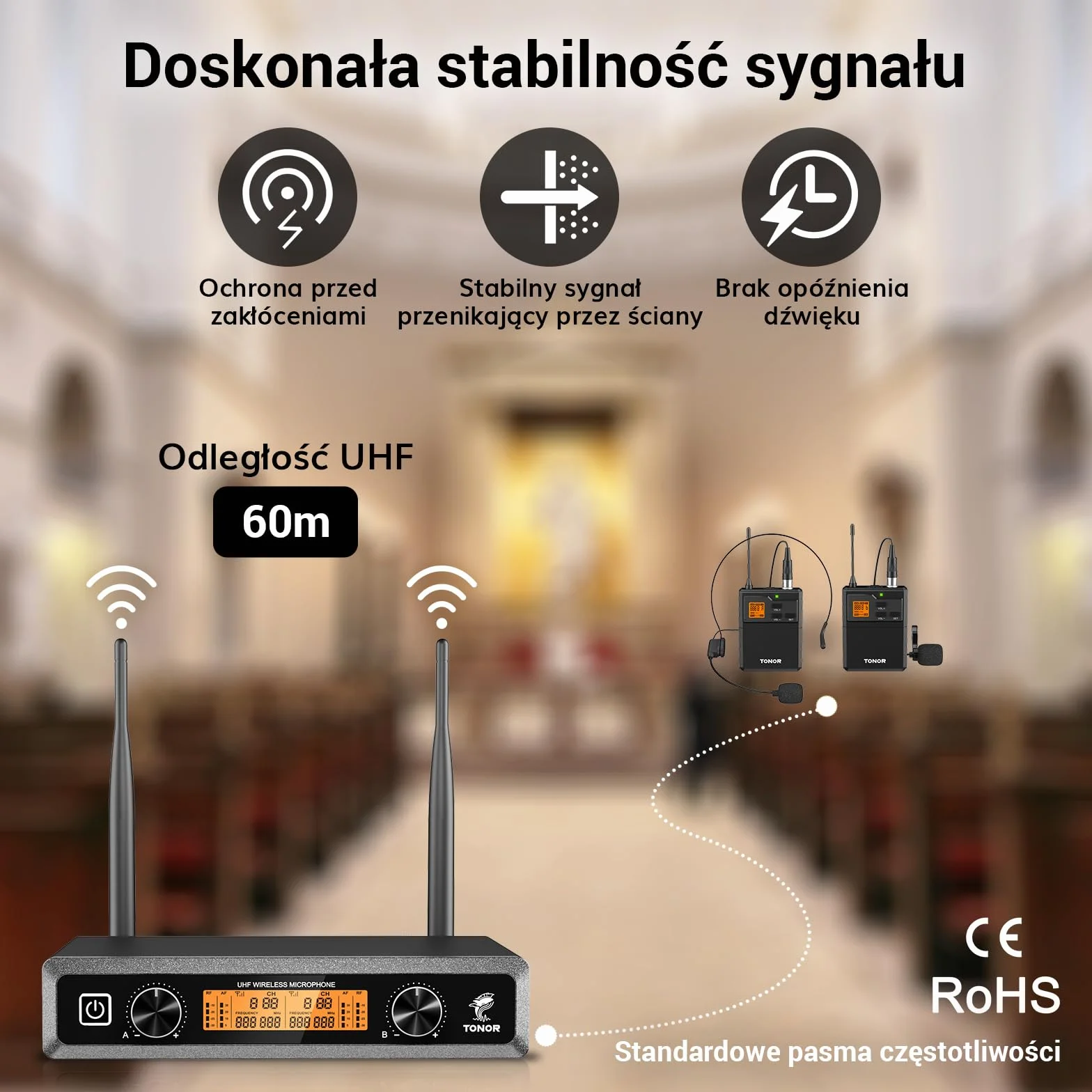 TONOR UHF Bezprzewodowy System Mikrofonów z Mikrofonem Słuchawkowym i Lavalier, Nadajnik Bodypack, Odbiornik, 2 Kanały, 60M Zasięg do Śpiewu na Żywo Karaoke