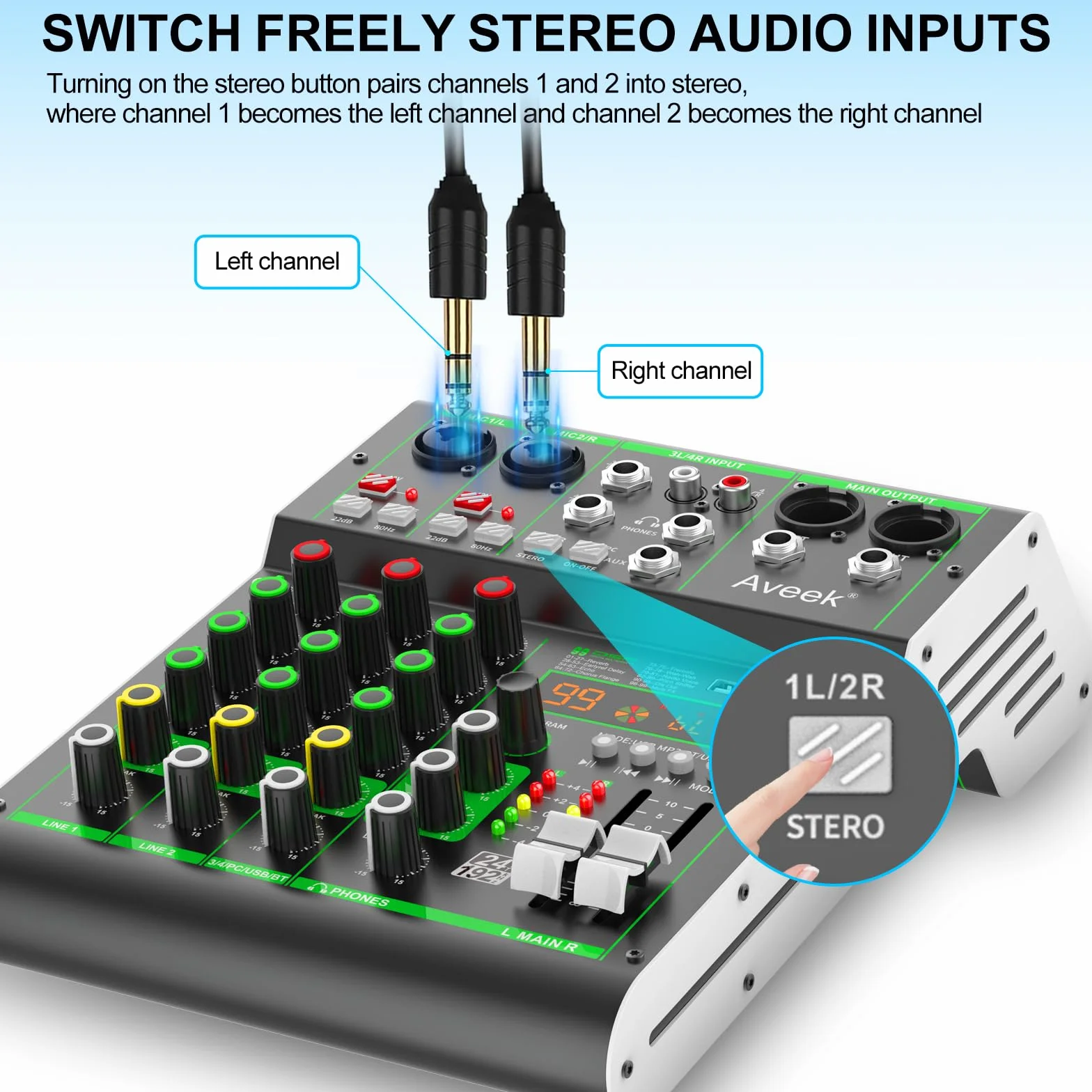Aveek Mikser audio 4-kanałowy z USB/Bluetooth, 48V Phantom, DSP do nagrywania