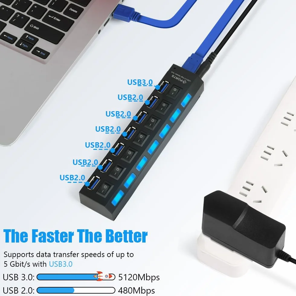 OFFCUP Hub USB 7 portów z zasilaczem, rozdzielaczem USB, aktywnym hubem USB 3.0+2.0 z indywidualnymi przełącznikami i wyświetlaczem LED, plug & play, do laptopów, komputerów MacBook i innych urzą