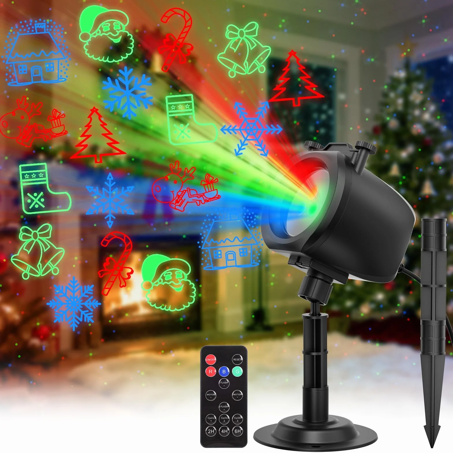 OUSFOT Projektor Laserowy Boże Narodzenie, 3 Kolorowy, Czerwono-Zielono-Niebieski, 5 Kart Projekcyjnych, Projektor Zewnętrzny z Pilotem i Funkcją Timera, Boże Narodzenie, Imprezę, Kropkę L