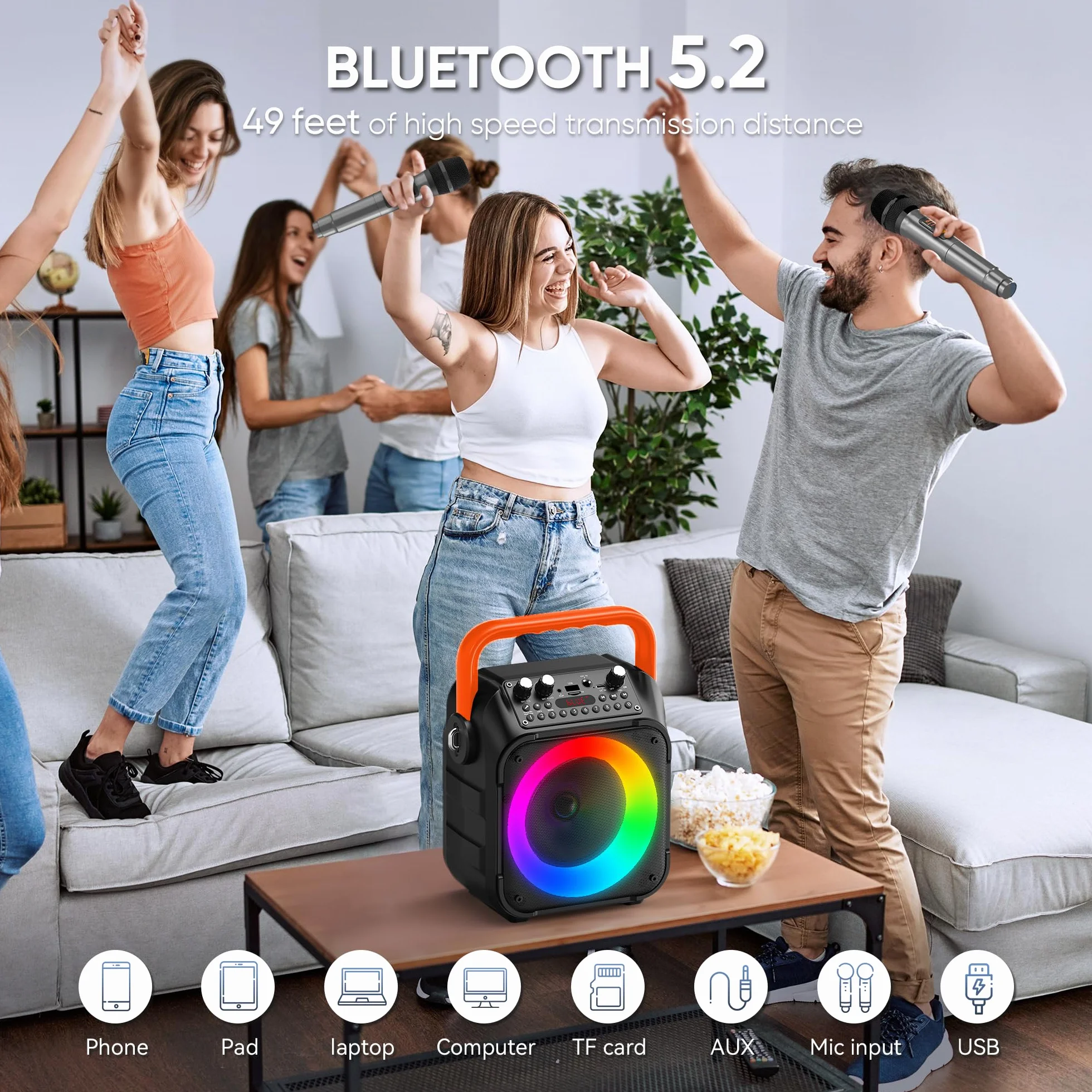 Maszyna do karaoke z dwoma mikrofonami bezprzewodowymi, przenośna maszyna do karaoke dla dorosłych i dzieci, przenośny głośnik Bluetooth z systemem PA, światła LED, obsługuje karty TF/USB, wejście