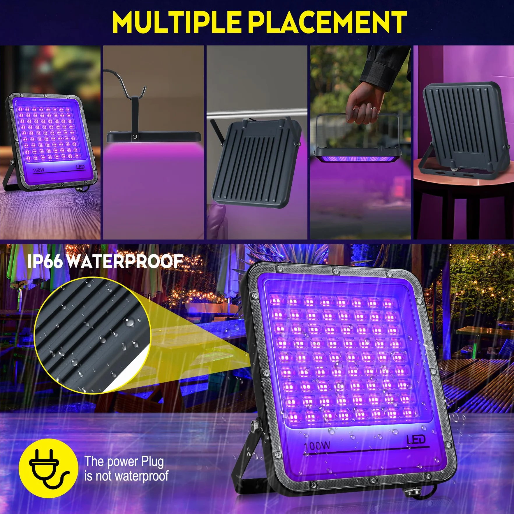 VAYALT 2 sztuki reflektorów LED UV 100 W 395 nm IP65 czarne światło na imprezę Halloween