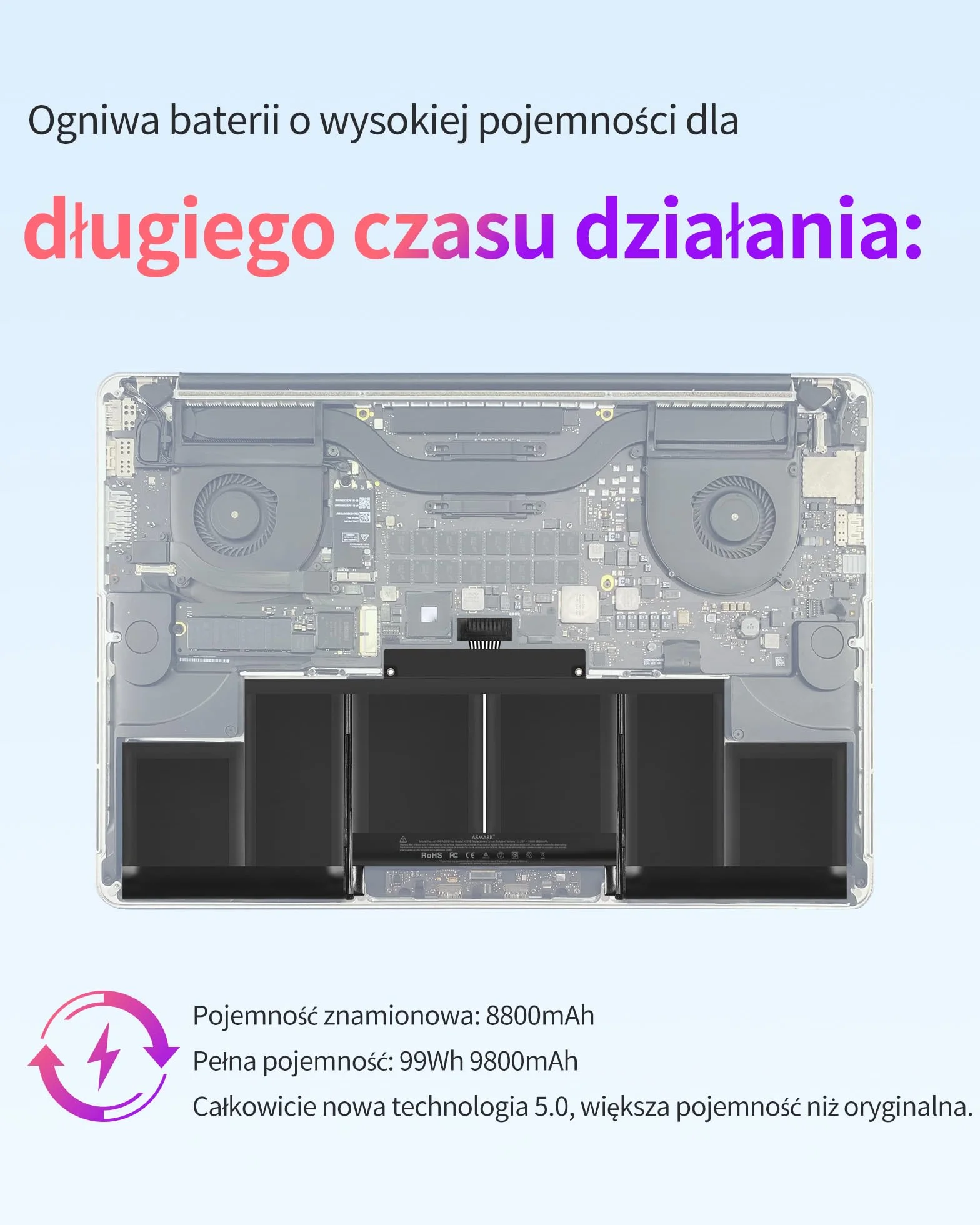 ASMARK Bateria do MacBooka Pro 15 cali A1398 (koniec 2013, połowa 2014, 2015) Bateria do laptopa