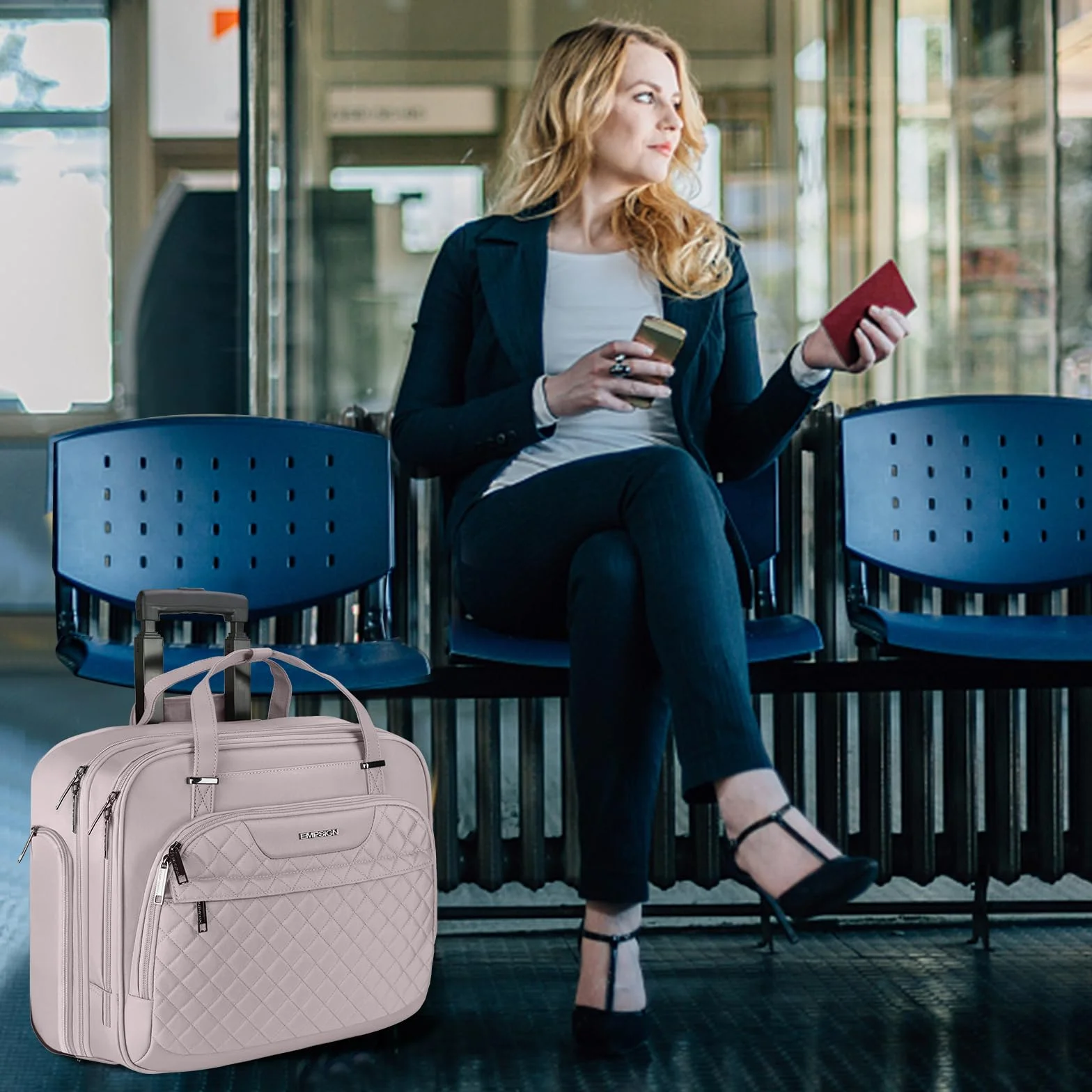 EMPSIGN Damska torba na laptopa z kółkami, teczka dla kobiet, pasuje do teczki na laptopa o przekątnej do 15,6 cala na kółkach, wodoodporna torba na komputer z kieszeniami RFID, szaro-różowa