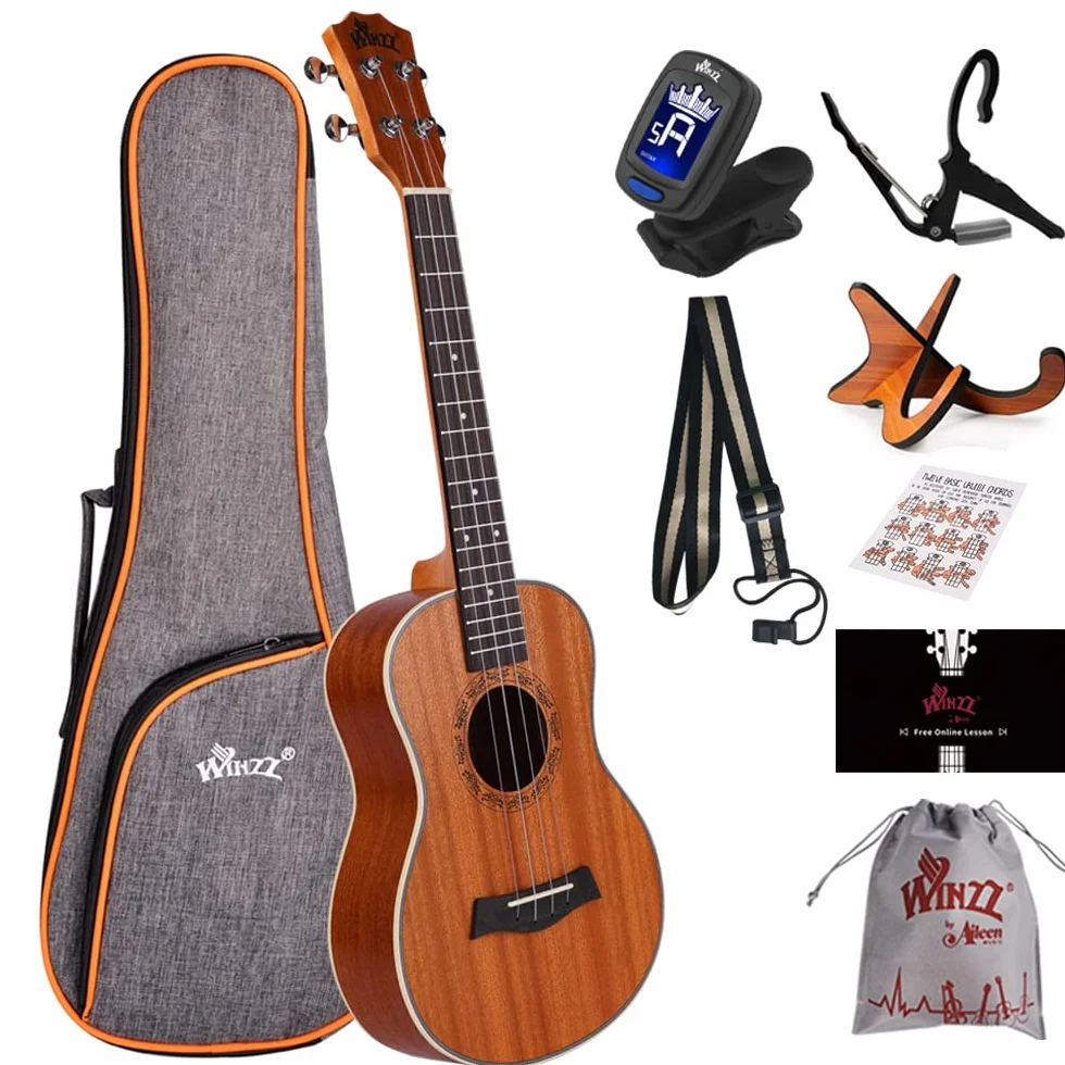 Winzz Tenor Ukulele dla dorosłych, zestaw startowy, 66 cm, ze stojakiem na ukulele i kapodelem (mata mahońowa)