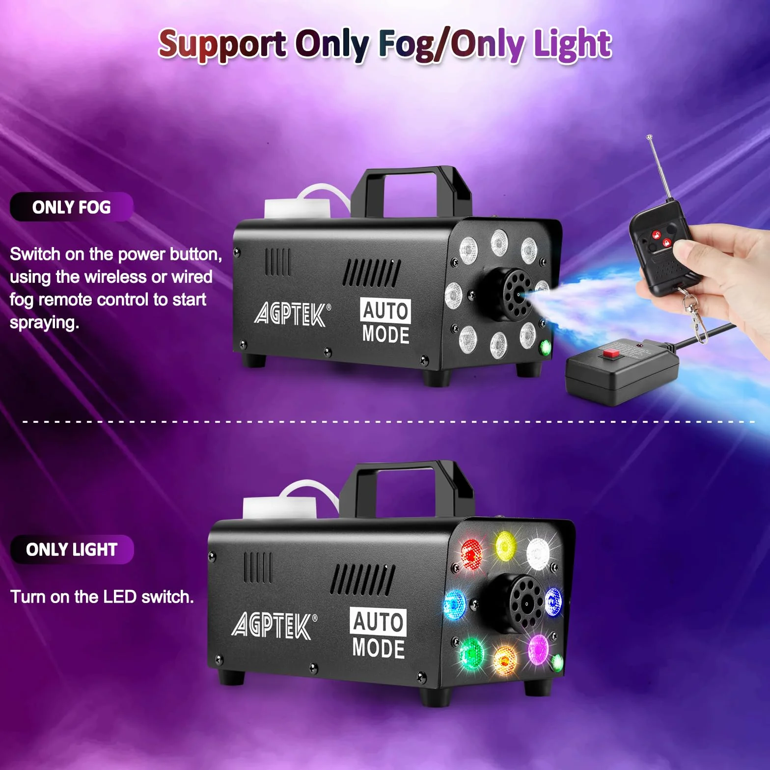 AgptEK maszyna do mgły z bezprzewodowym pilotem zdalnego sterowania i światłem LED, 500 W, stabilna i przenośna, pasuje na Halloween, Boże Narodzenie, wesela, występy sceniczne itp