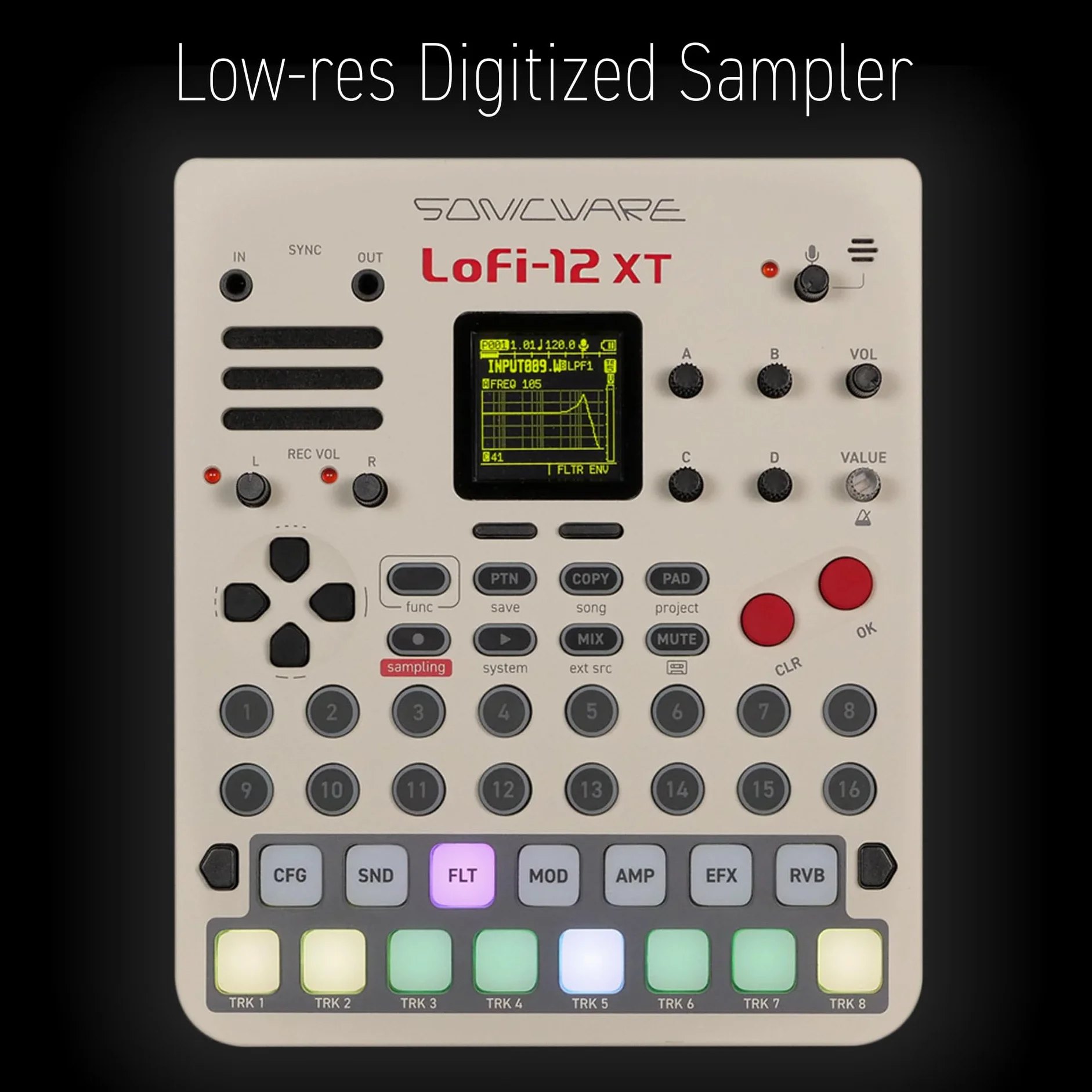 Sonicware Lofi-12 XT [ograniczony kolor retro] Próbkowanie retro z 12-bitowym trybem próbnika, 8-ścieżkowy sekwencer, 26 efektów, 15 szybkości padów z diodami RGB