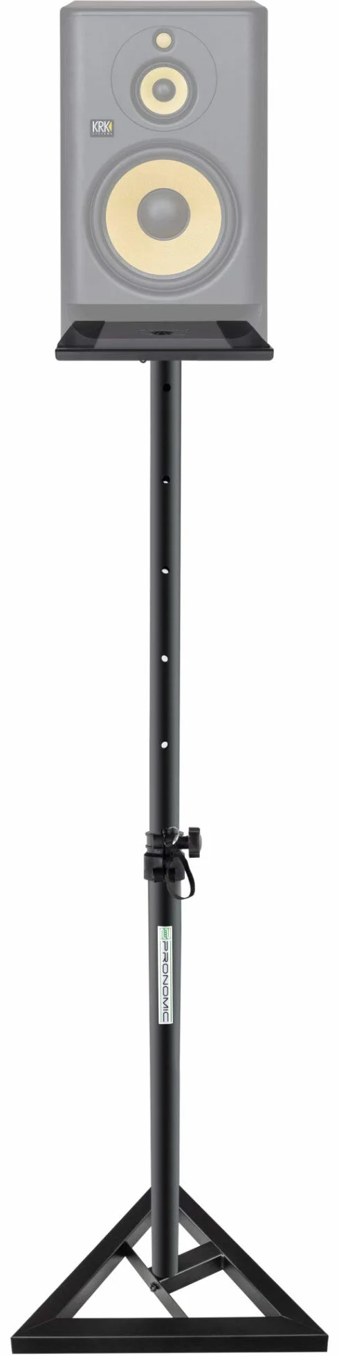 Pronomic SLS-10 statyw do monitora studyjnego (regulacja wysokości od 80 cm do 130 cm, trójkątna podstawa, gumowe nóżki, kolce z kolcami, stal, płyta nośna z gumowymi paskami) czarny malowany proszkowo