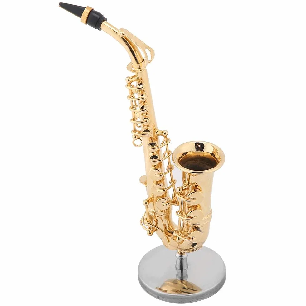 Miniaturowy stary saksofon delicated pozłacany mini instrument ornament z etui, idealny i dekoracja