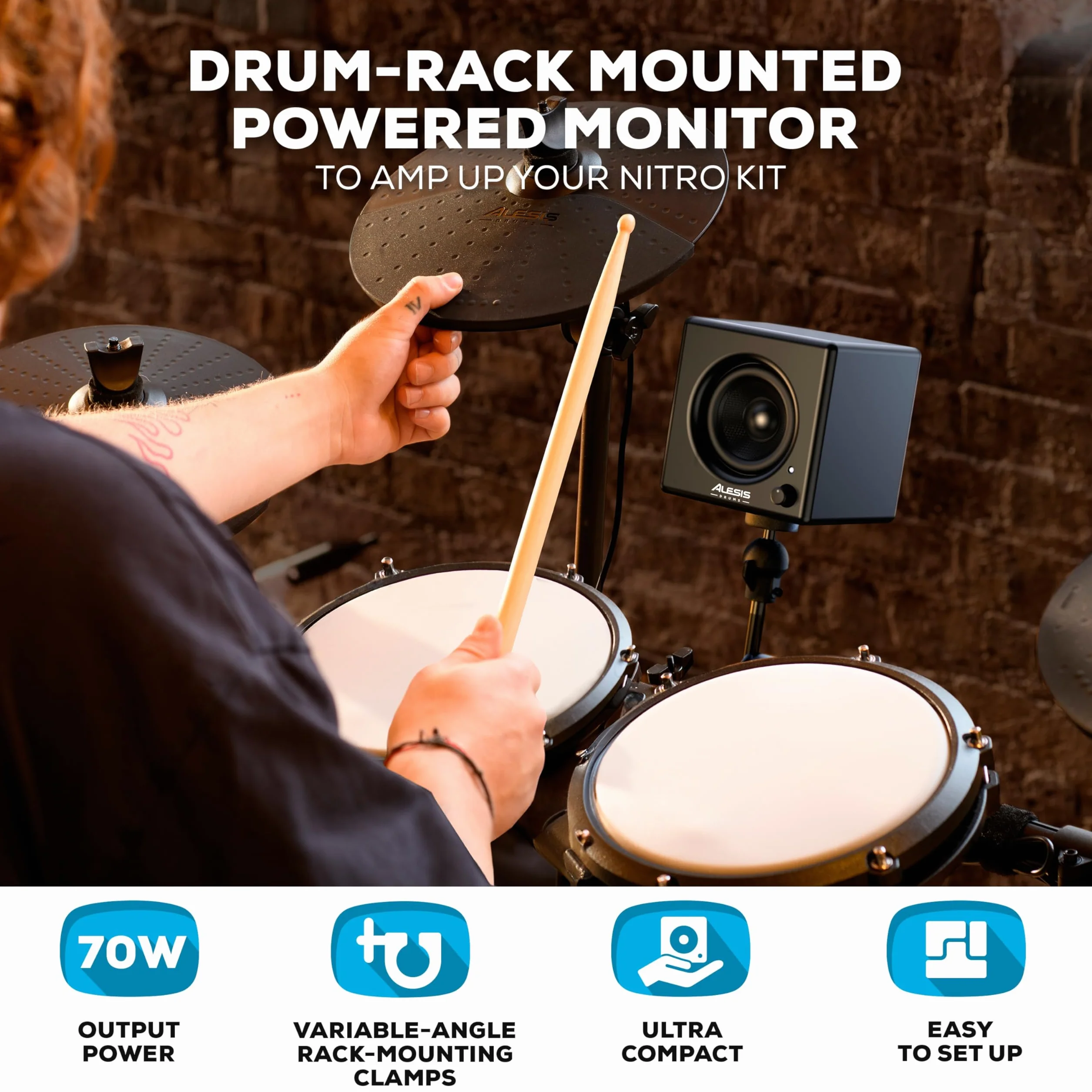 Alesis Nitro Amp 70 W - Kompaktowy Monitor Perkusyjny do Ćwiczeń i Lekcji, Montowany na Stelażu z Dołączonymi Zaciskami