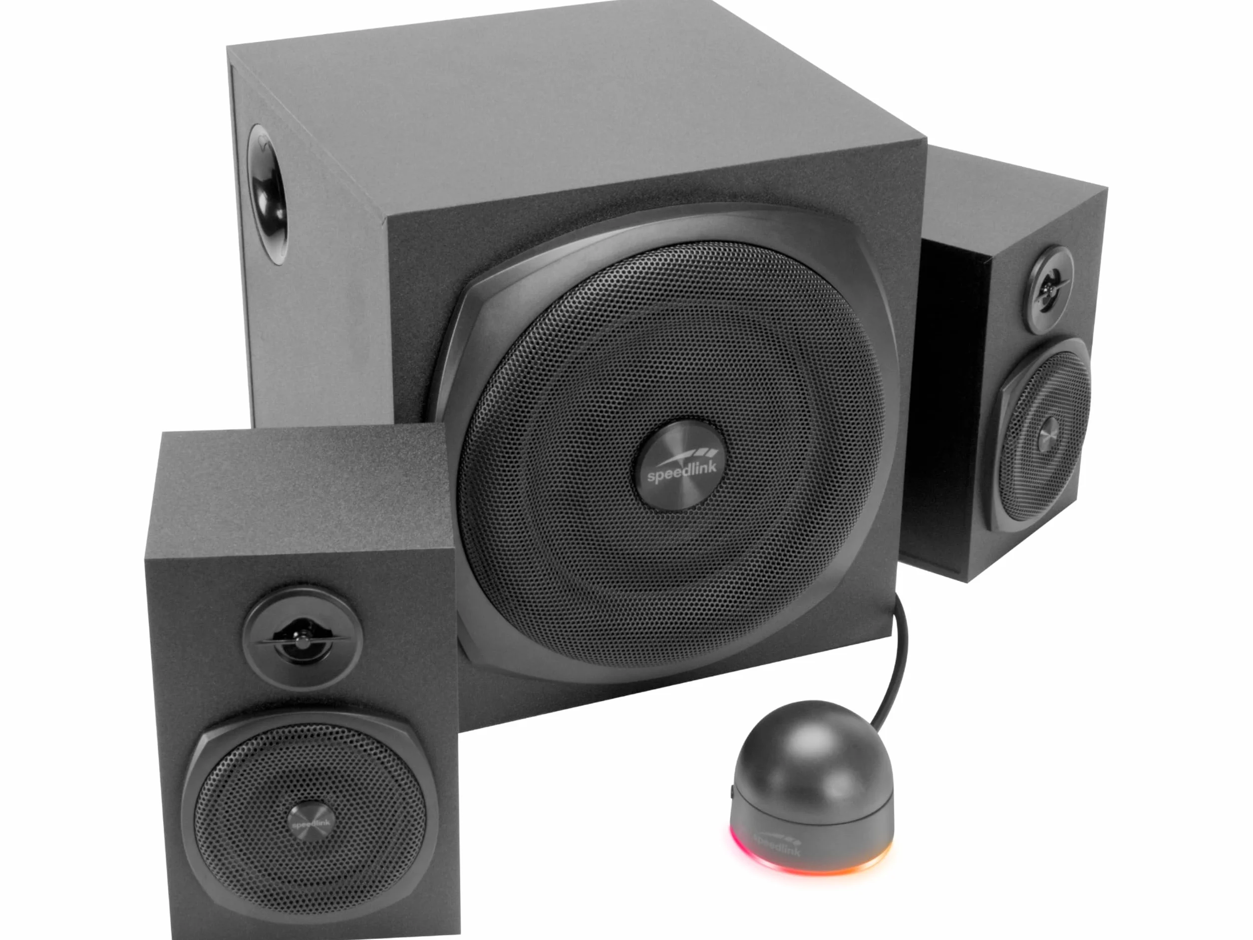 Speedlink GRAVITY LT głośniki komputerowe 2.1 z Bluetooth - z drewnianym subwooferem, aktywny system głośników 80 W, gniazdo AUX 3,5 mm, pilot biurkowy RGB, czarny