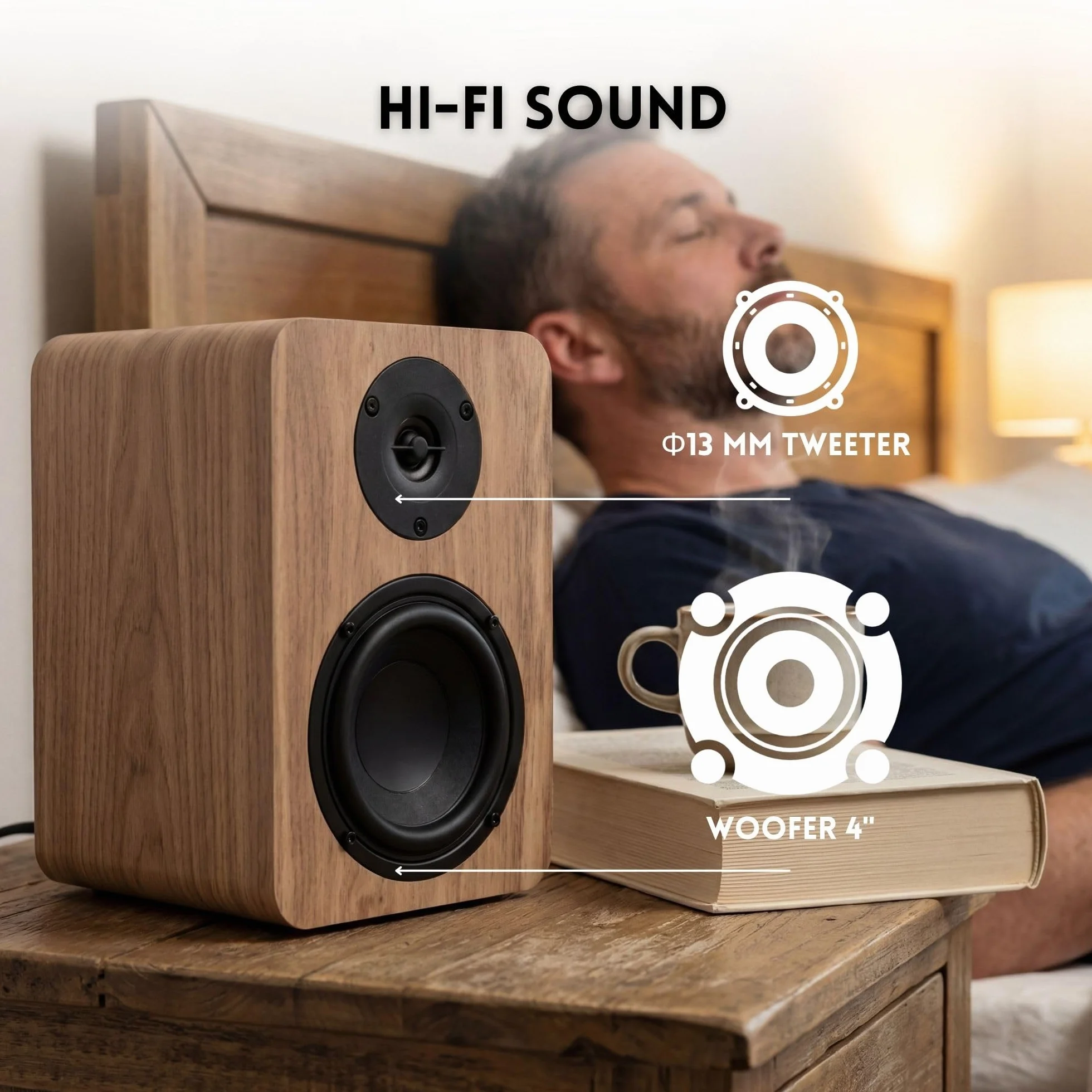 VULKKANO A4 ARC MKII 4-calowy głośnik niskotonowy z głośnikiem niskotonowym, Bluetooth 5.0, HDMI ARC, Optica, RCA, USB, z wyjściem subwoofera, monitory studyjne o eleganckim wyglądzie, kolor brązowy