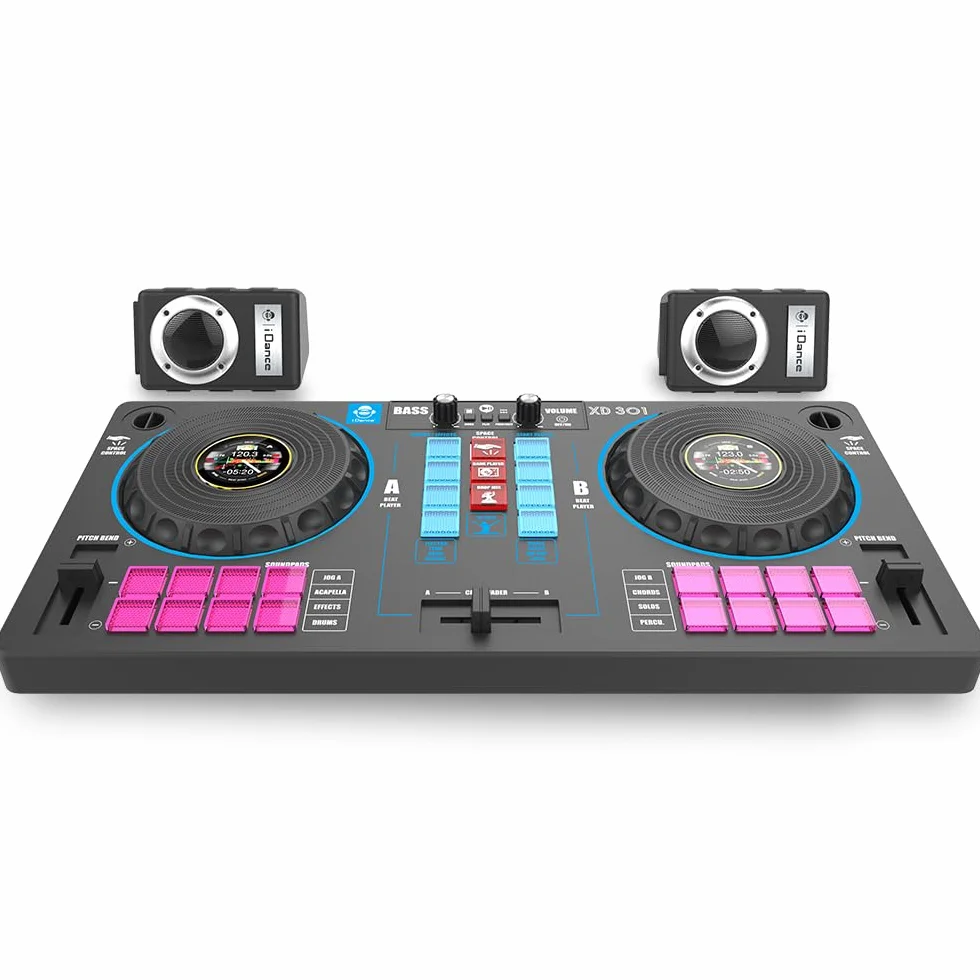 Cefa Toys - Przenośna stacja Dj z głośnikami i sterowaniem kosmicznym 14 w 1, z gramofonem, crossfaderem i ponad 144 kombinacjami miksu, w tym odtwarzacz Bluetooth i USB oraz akumulator