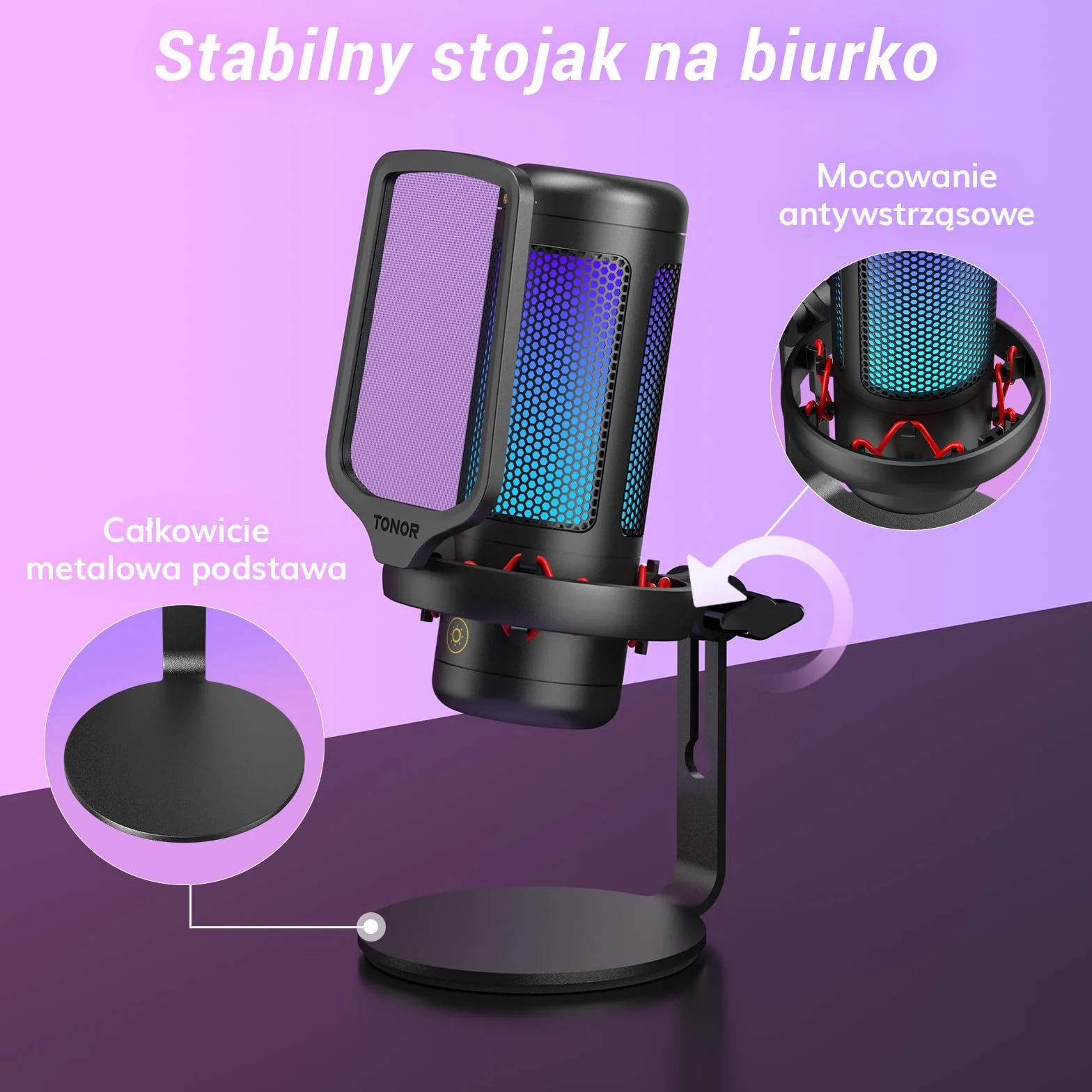 TONOR TC320 Mikrofon USB z kontrolą RGB/wzmocnienia, wyciszenie dotykowe do streamowania, podcastów, Twitch/YouTube/Discord, mikrofon komputerowy ze stojakiem na Mac/PS4/PS5/NS czarny