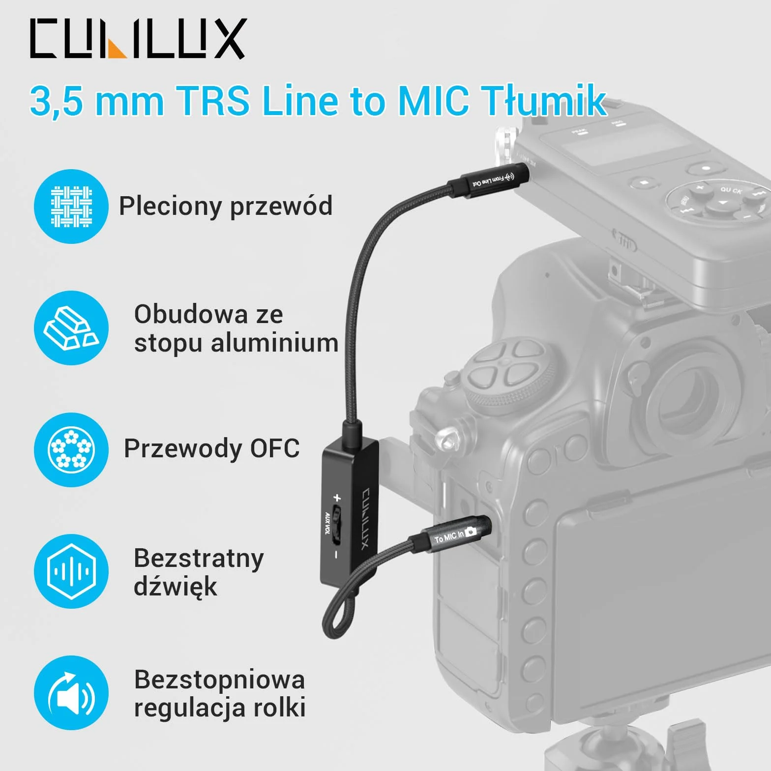 Kabel tłumiący Cubilux 3,5 mm Line Level do Microphone Level, przewód tłumiący 1/8 cala TRS Line Out do MIC In dla aparatu DSLR, kamery, rejestratora, 30 cm