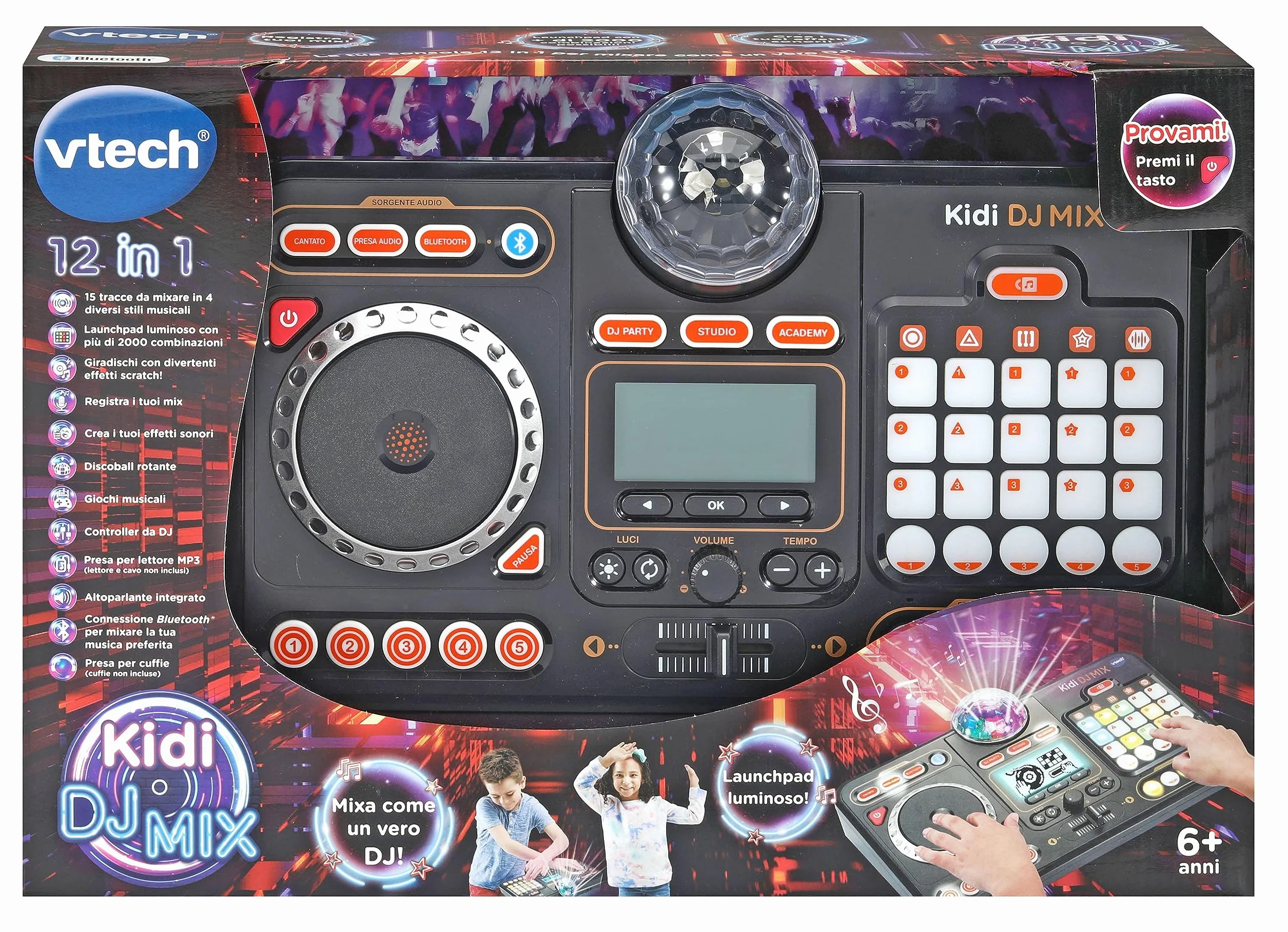 VTech Kidi DJ Mix, konsola DJ-ska dla dzieci, efekty koncertowe, miksy DJ-skie dla dzieci z mikrofonem, podłącz odtwarzacz MP3, Jack lub Bluetooth, język włoski, baterie w zestawie, 6 lat