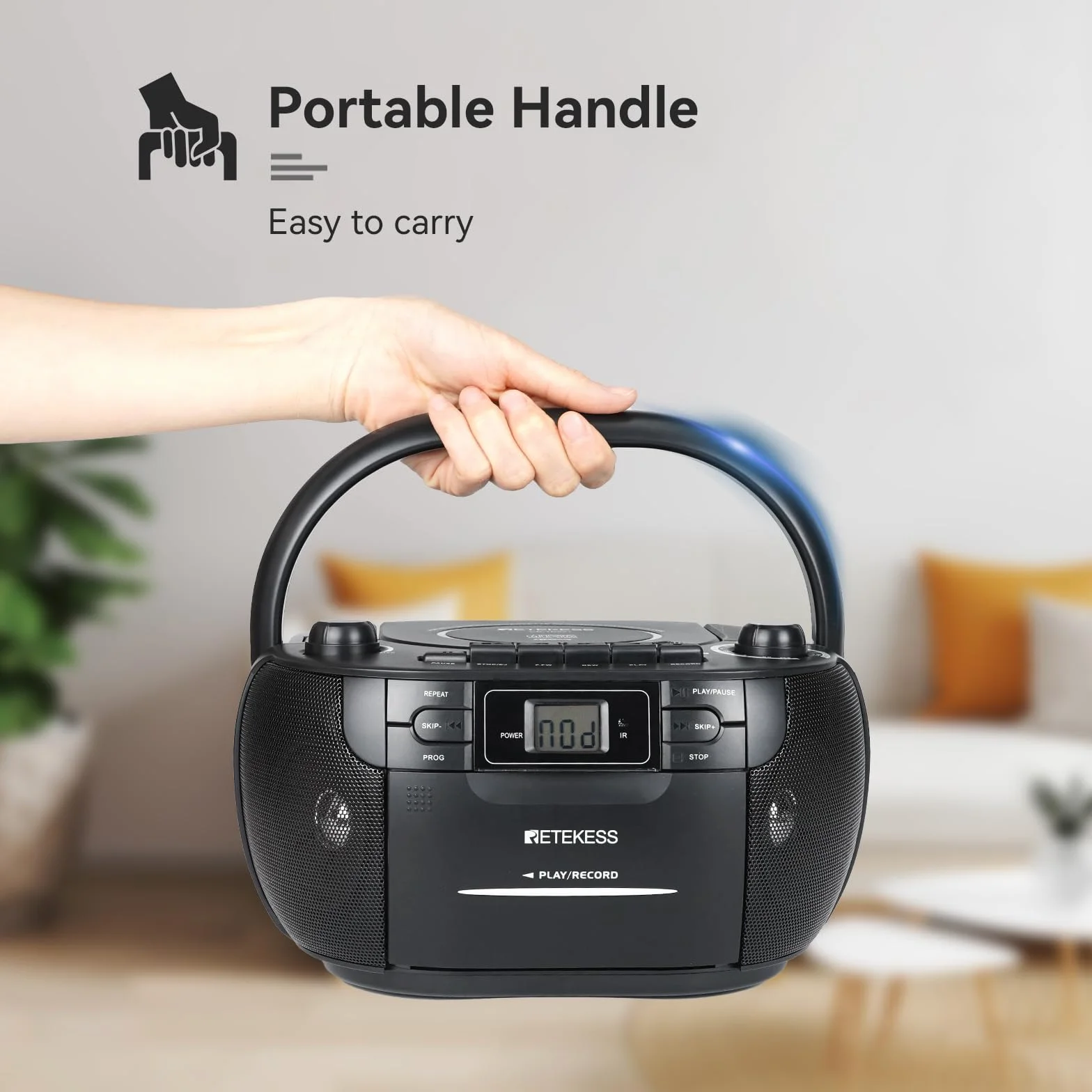 Retekess TR621 Przenośny Odtwarzacz CD Boombox Stereo z Radiem AM FM, Odtwarzacz Kasetowy, Magnetofon Kasetowy, Obsługa USB/TF/Słuchawek, z Pilotem (czarny)