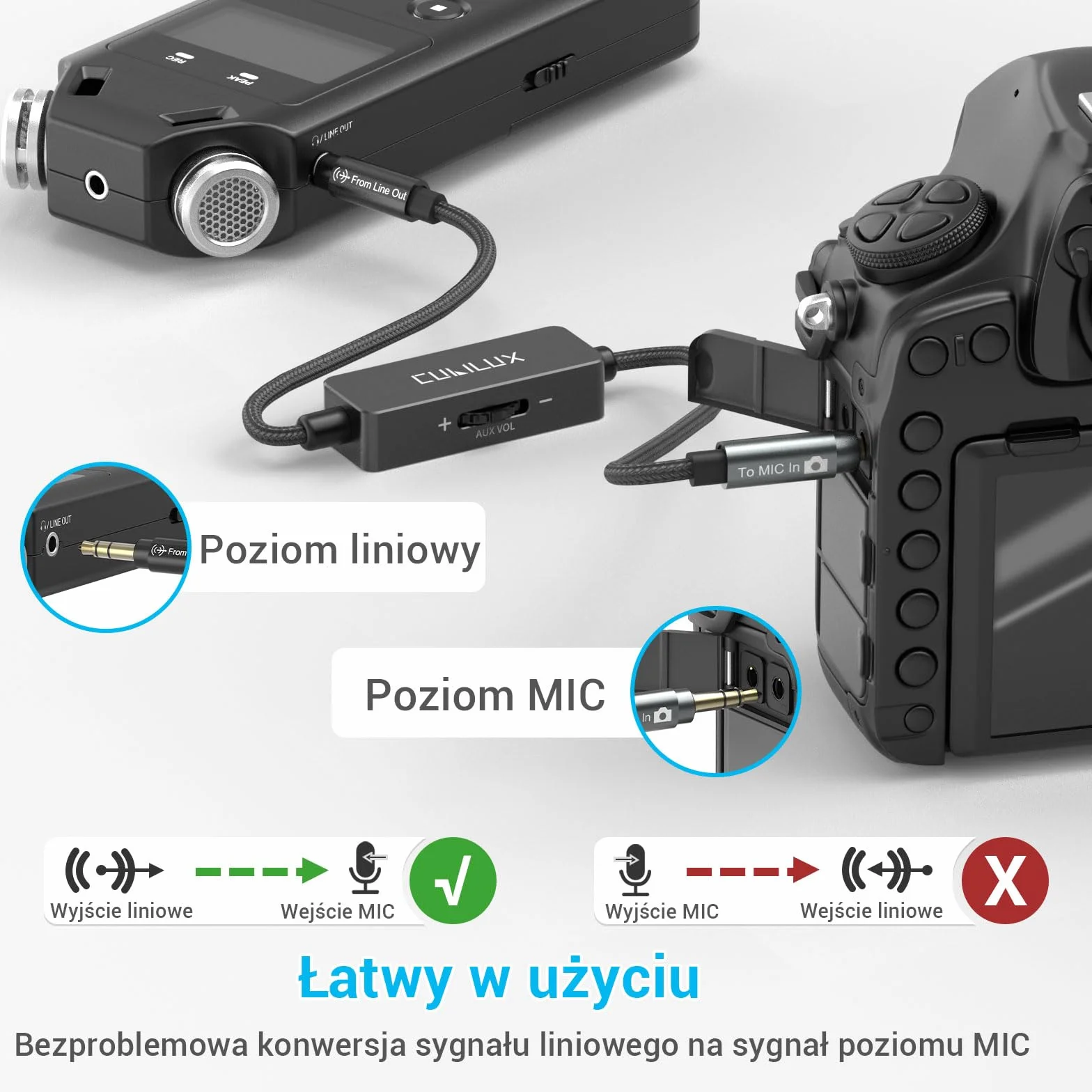 Kabel tłumiący Cubilux 3,5 mm Line Level do Microphone Level, przewód tłumiący 1/8 cala TRS Line Out do MIC In dla aparatu DSLR, kamery, rejestratora, 30 cm