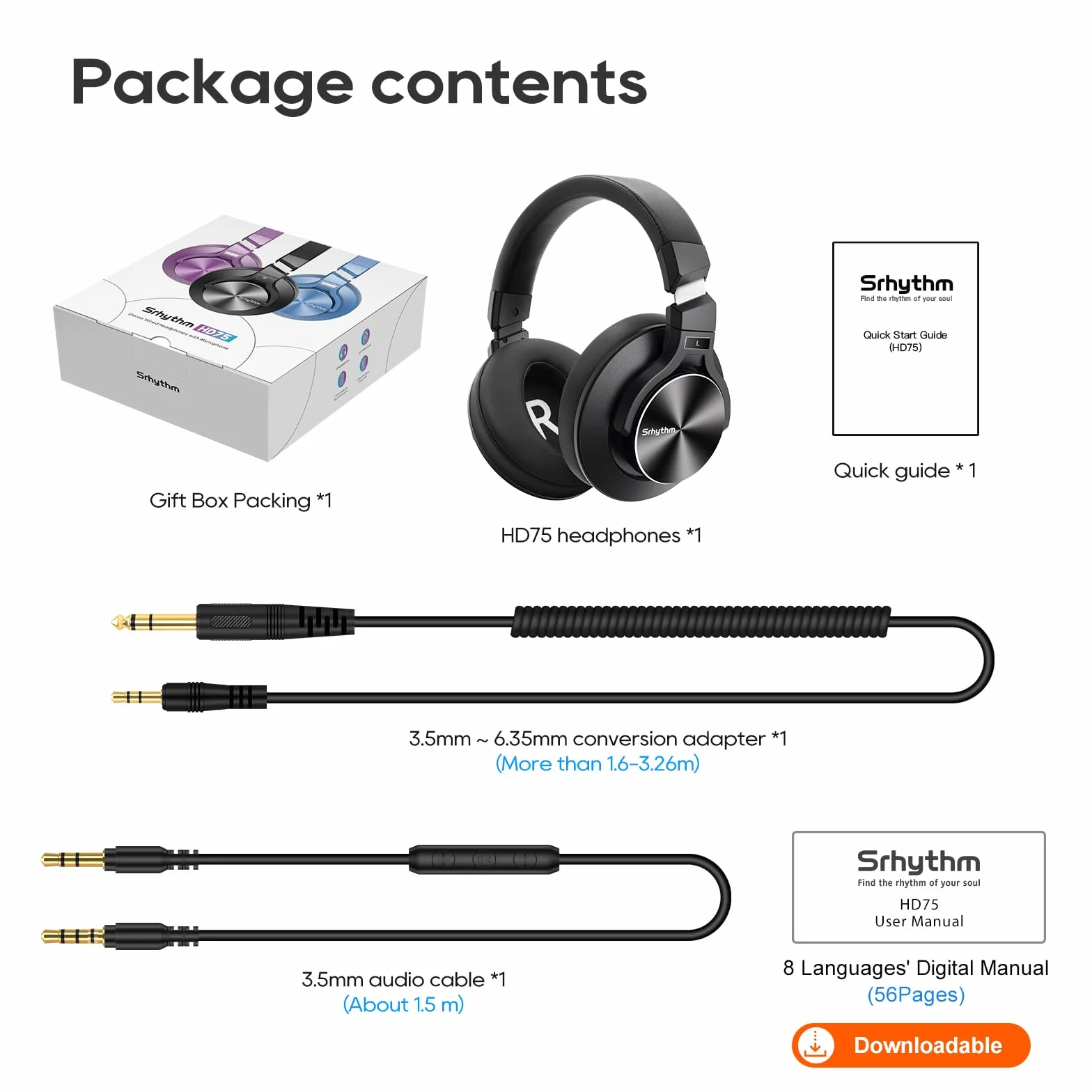 Srhythm HD75 przewodowe słuchawki nauszne DJ do studia