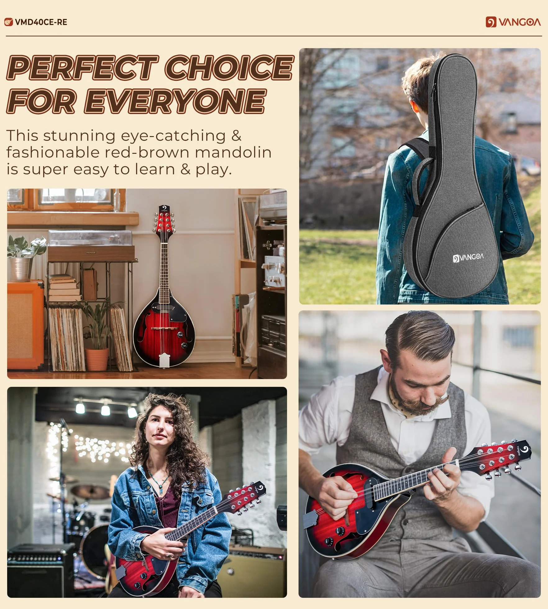 Vangoa AStyle Mandolina Instrument muzyczny mahoń Mandolina elektryczna 8 strun dla początkujących Red Sunburst