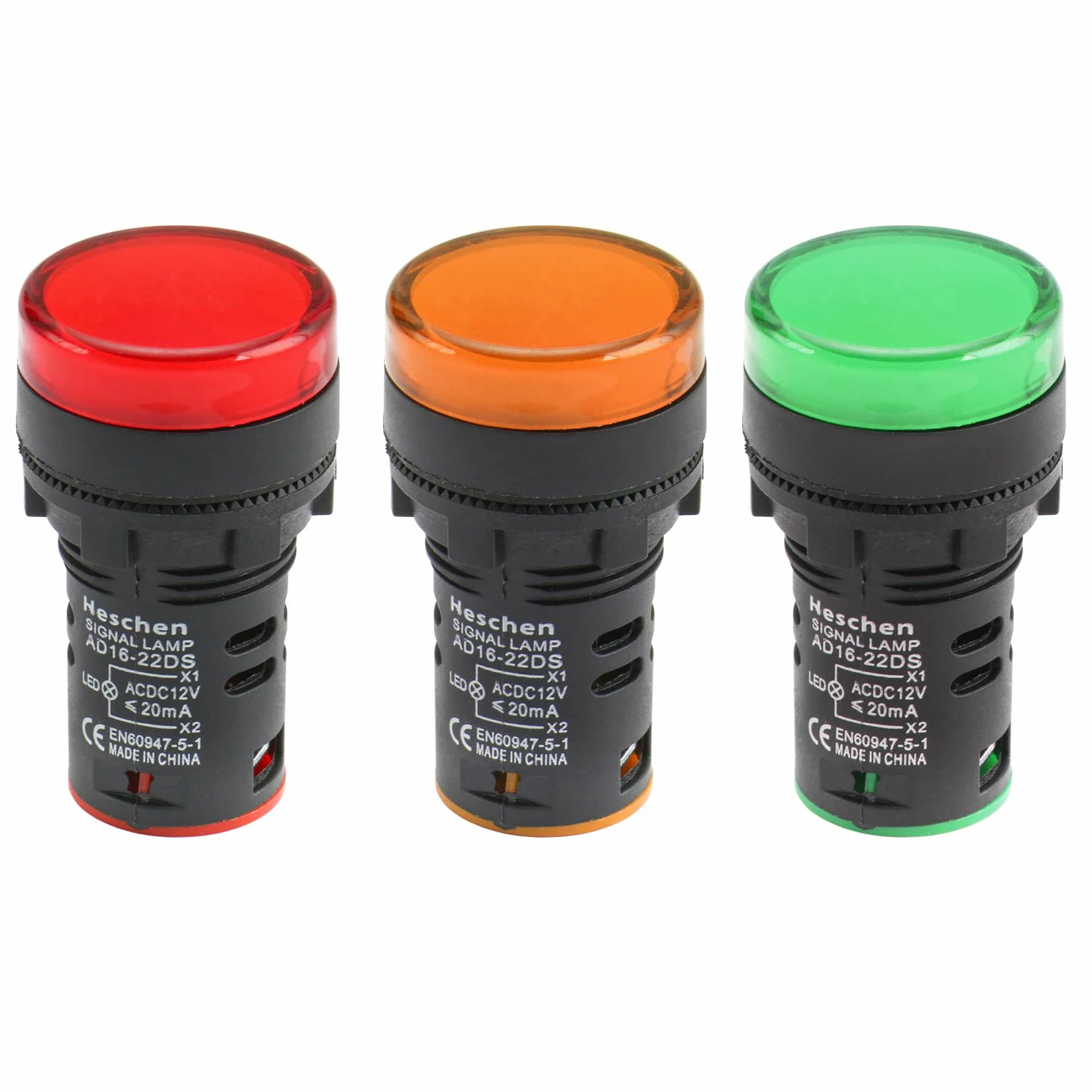 Heschen Lampka kontrolna LED 22 mm, AD16-22D/S, 12 V DC, 20 mA, czerwony zielony żółty kolor światła, 3 szt