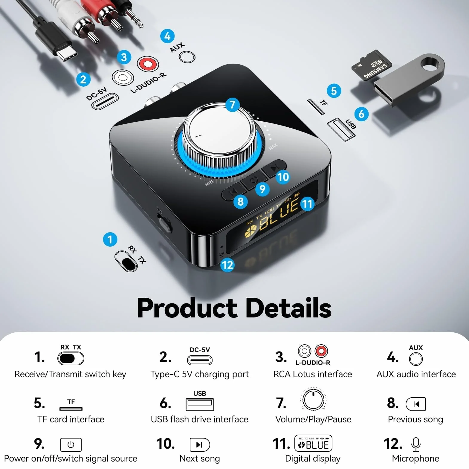 GlasFlength Adapter Bluetooth stereo, odbiornik Bluetooth 5,4 z kablem AUX 3,5 mm RCA Low Latency 49 ft, HiFi Bluetooth Audio Receiver do TV/głośnika/komputera stacjonarnego/projektorów