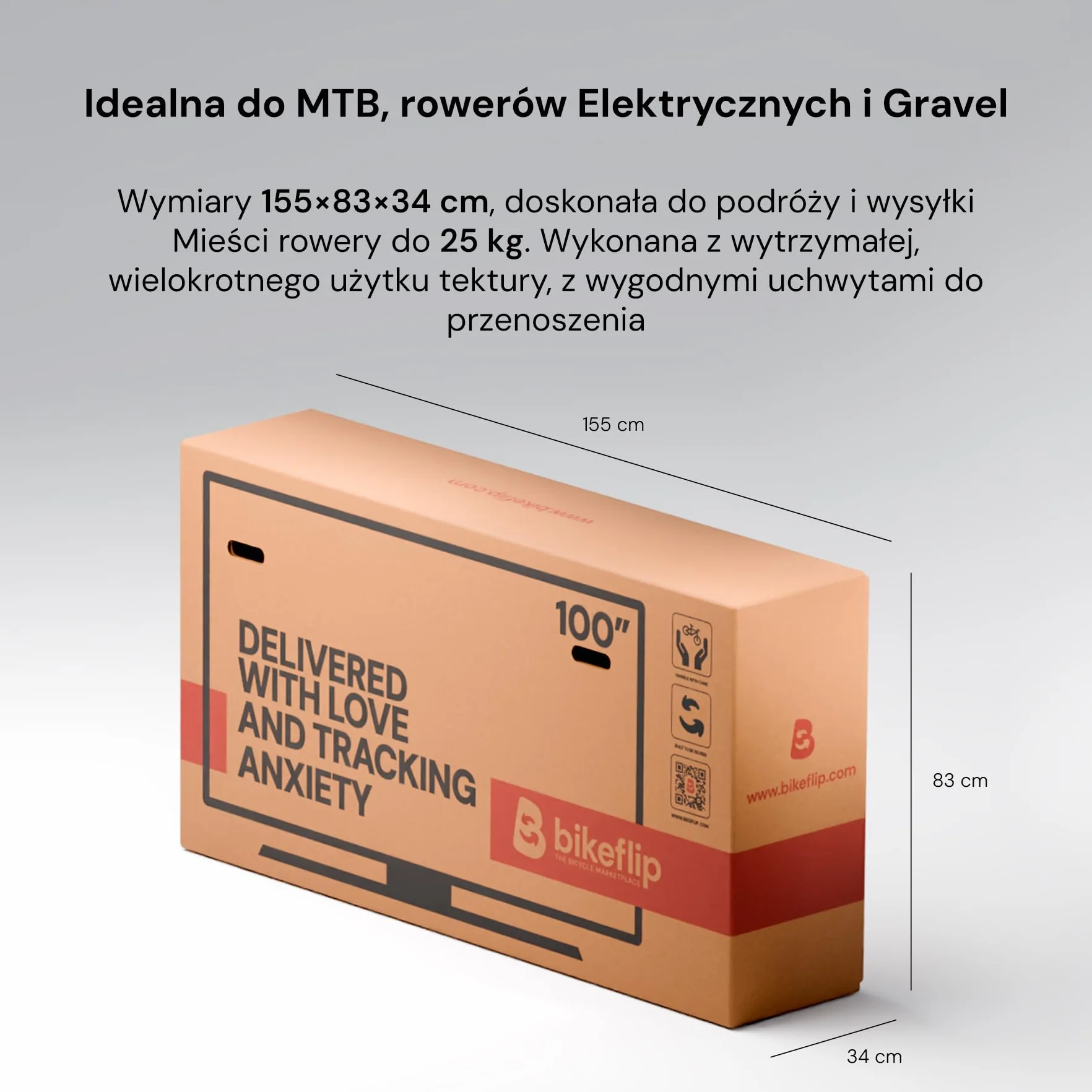 Bikeflip Box, Karton do Wysyłki Rowerów MTB, E-Bike i Gravel, Wytrzymała i Wielokrotnego Użytku Tektura Falista, Szybki Montaż do Podróży i Transportu Kurierem
