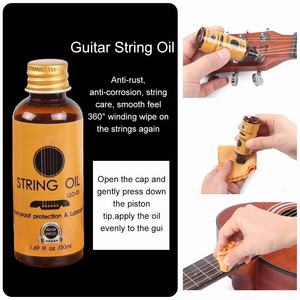 Czyszczenie gitary, Zestaw do czyszczenia gitary, Zestaw do pielęgnacji gitary, Guitar Cleaning Set, z politurą do gitary, olejem cytrynowym do podstrunnicy, olejem do czyszczenia strun, ściereczką do