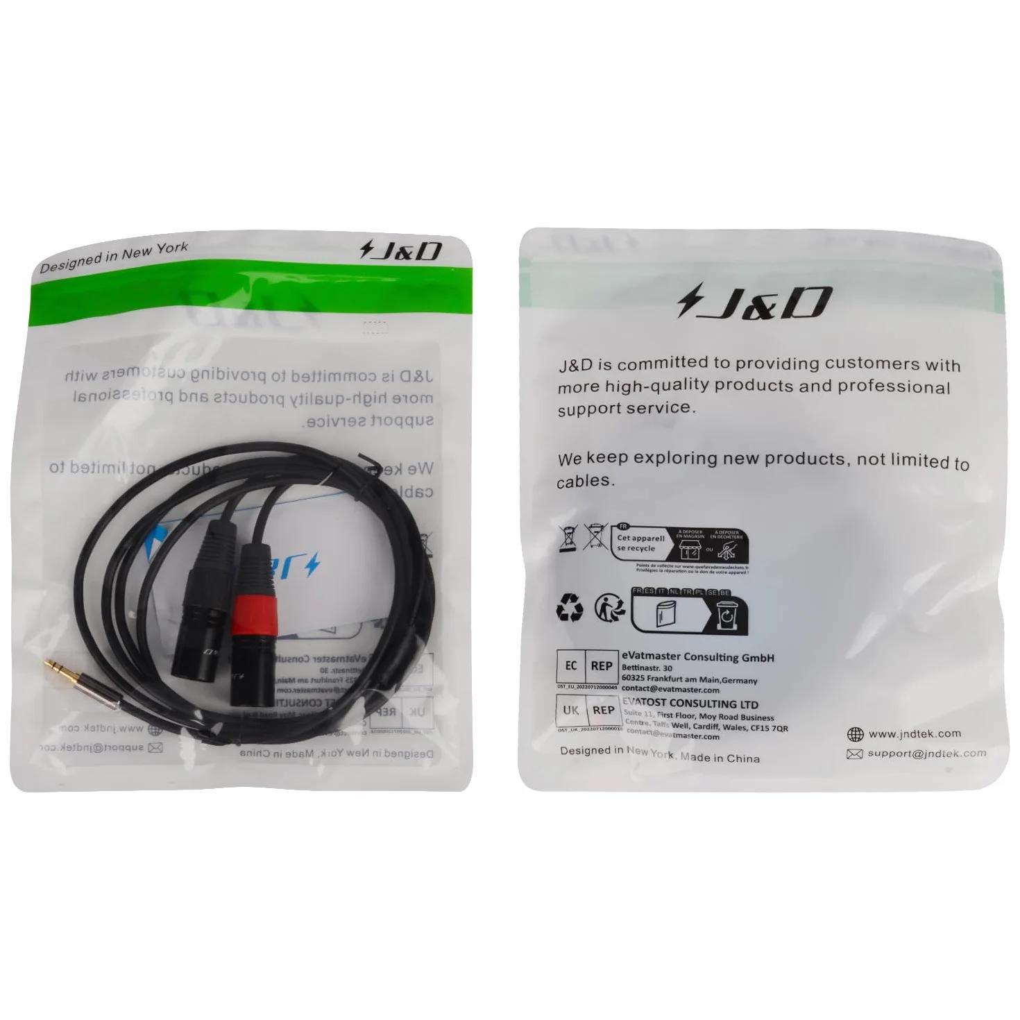 J&D 3,5 mm 1/8 cala na dual XLR Y rozdzielacz kabel, PVC obrany 2 x XLR męski do 3,5 mm TRS męski niewyważony stereo audio Patch kabel adaptera do aparatu DSLR smartfona laptopa mikrofonu, 1,8 metra