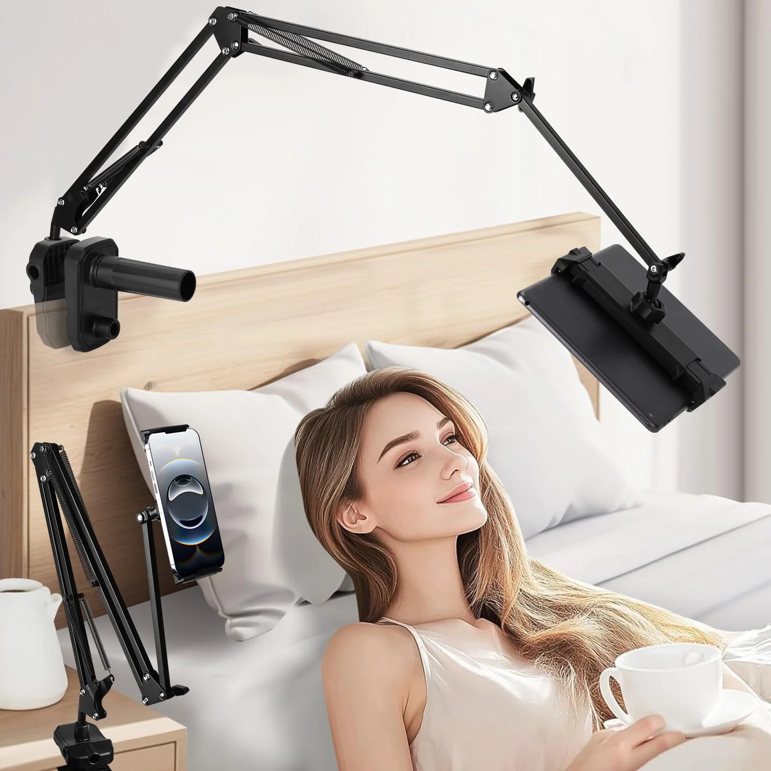 Uchwyt na tablet do łóżka, regulowany uchwyt z metalowym ramieniem, superelastyczny, kompatybilny z iPad, Samsung Galaxy i Kindle, ergonomiczny, dla urządzeń o przekątnej od 4 do 13 cali