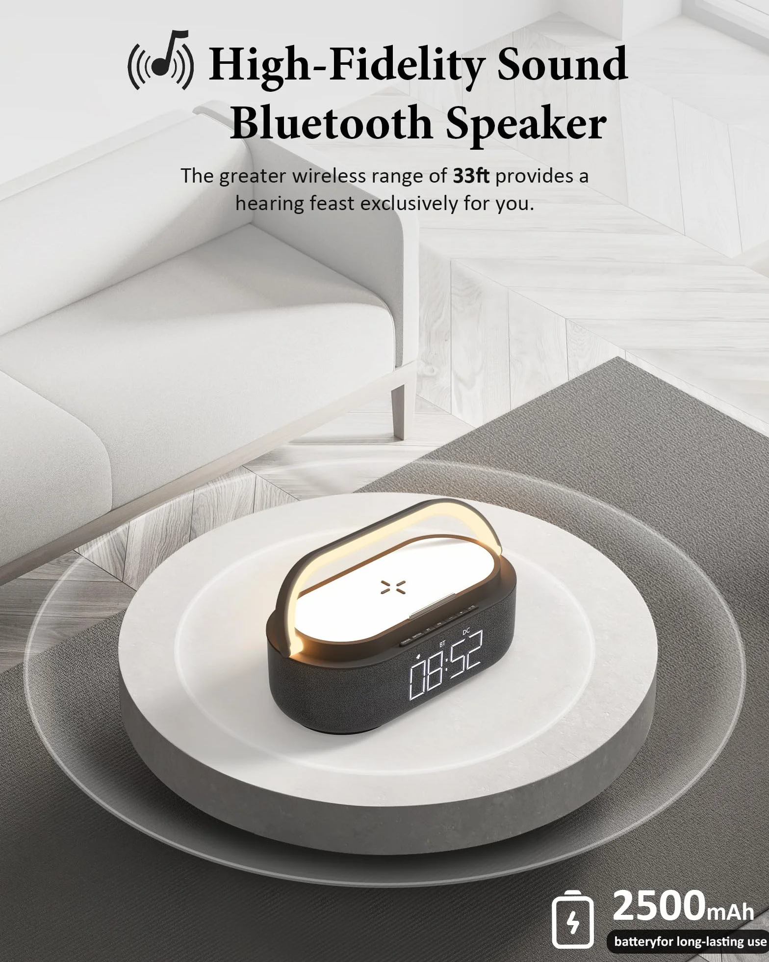 COLSUR Radiobudzik cyfrowy z bezprzewodową ładowarką, głośnik Bluetooth z ładowarką USB, inteligentny budzik, funkcja drzemki, indukcyjna stacja ładująca, lampka nocna, ściemniany wyświetlacz LED i