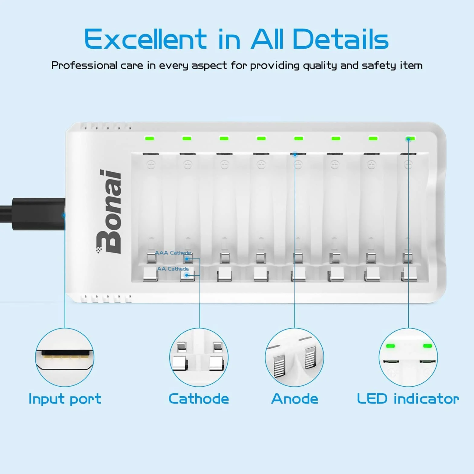 Ładowarka do akumulatorów AA i AAA oraz Ni-MH i Ni-CD marki Bonai z portem USB, 8 gniazdami i wskaźnikami LED.