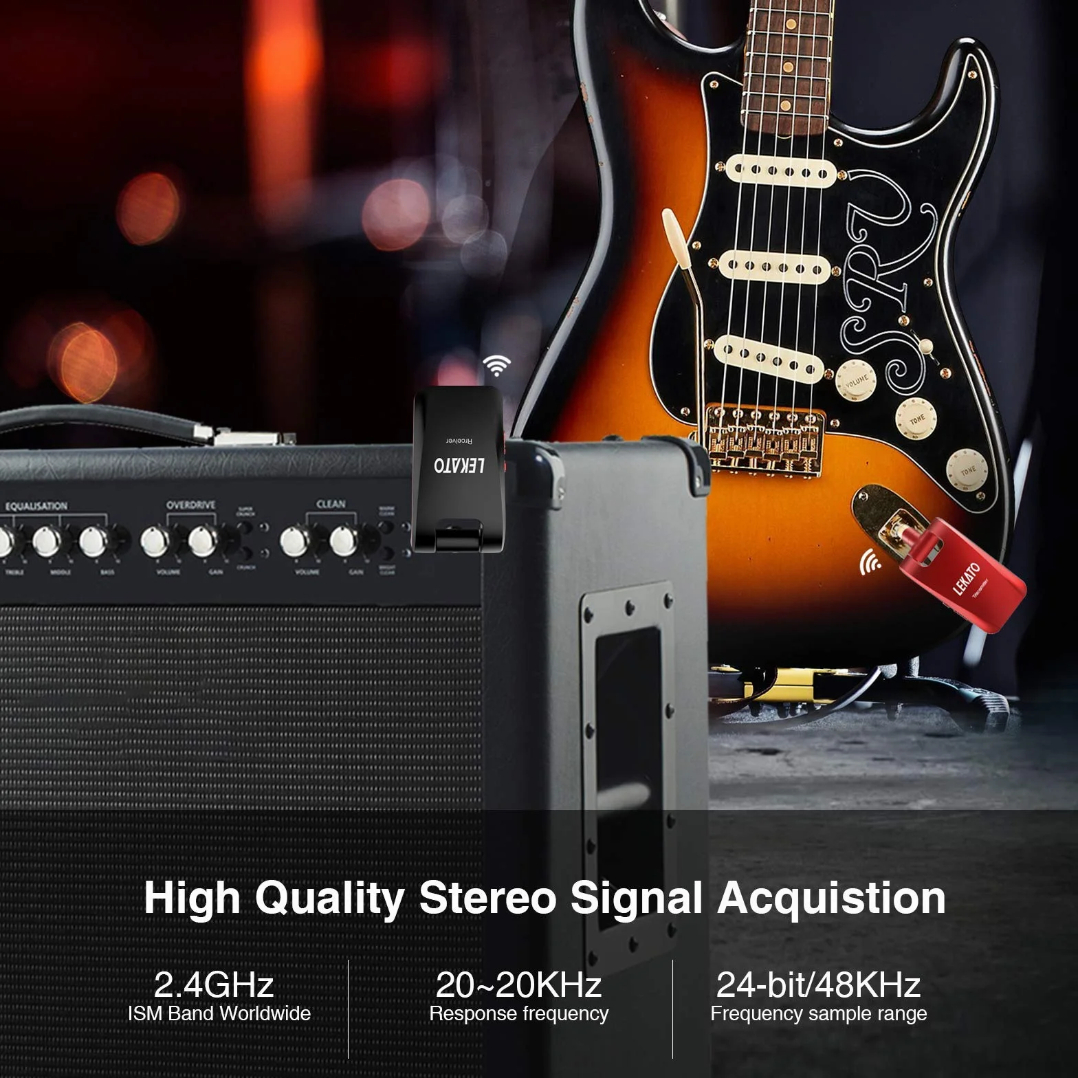 LEKATO Stereo 2,4 GHz bezprzewodowy transmiter gitarowy z wtykami 1/4" i 1/8" do instrumentów dźwiękowych, mono/stereo, wielokrotnego ładowania