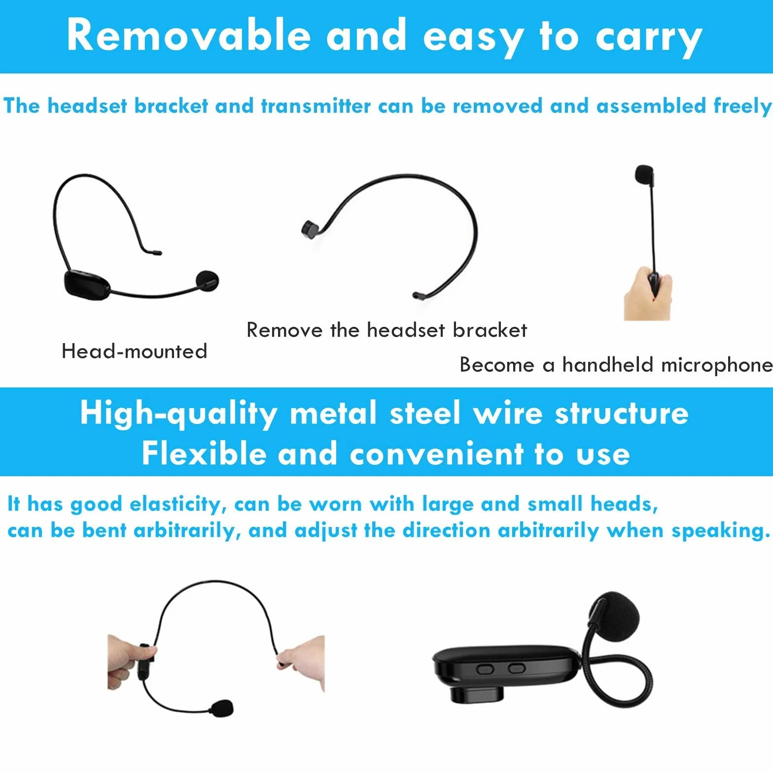 Bezprzewodowy mikrofon nagłowny, zestaw słuchawkowy UHF Professional Ear Beam i mikrofony z konwerterami 3,5 mm i 6,5 mm do nauczania, przewodników, prezentacji i konferencji