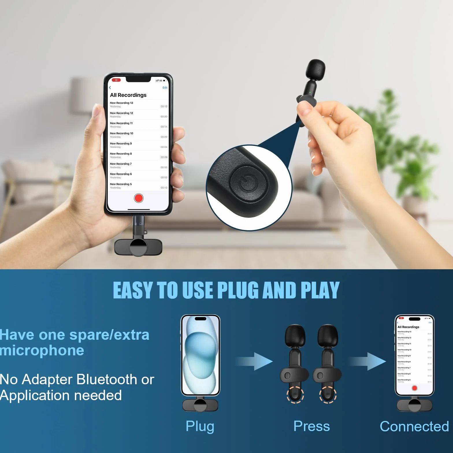 2 PCS Lavalier Microphone, Bezprzewodowy Mini Mikrofon, Przenośny Bezprzewodowy Mikrofon Klapowy do YouTube TikTok Live Streaming Vlog