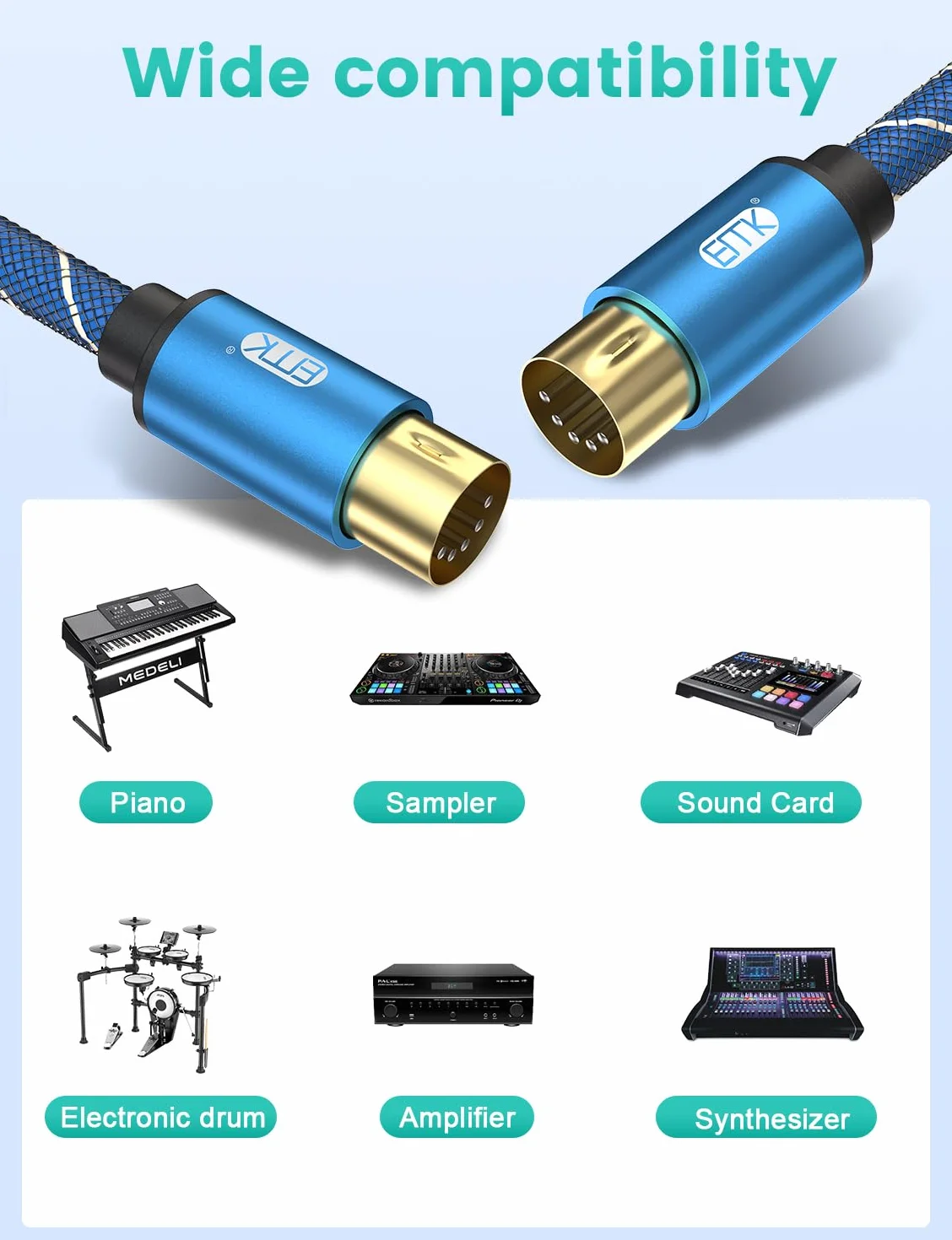 EMK Kabel Midi 5-pinowy kabel instrumentu z klawiaturą męską na męską, 5-pinowy kabel Din in-Out MI-DI do organów elektronicznych, mikser, fortepian, bębny, karta dźwiękowa (0,5 metra)