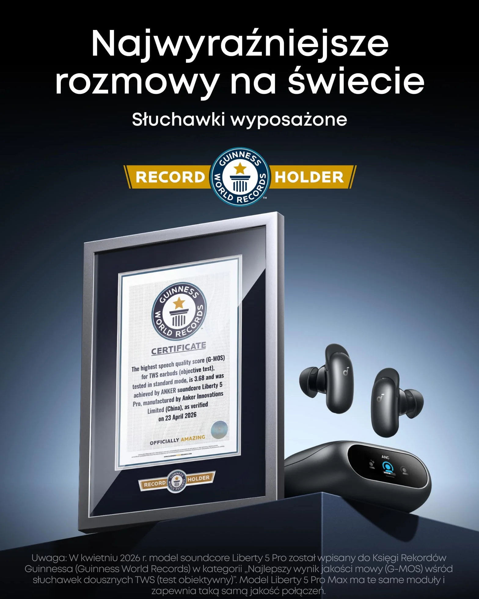 Słuchawki soundcore Liberty 5 Pro Anker, chip Anker Thus™ AI, wyraźne rozmowy nawet szeptem, redukcja szumów, czas odtwarzania 6,5 godz./28 godz., 5 min. = 4 odtwarzania, ładowanie bezprzewodowe